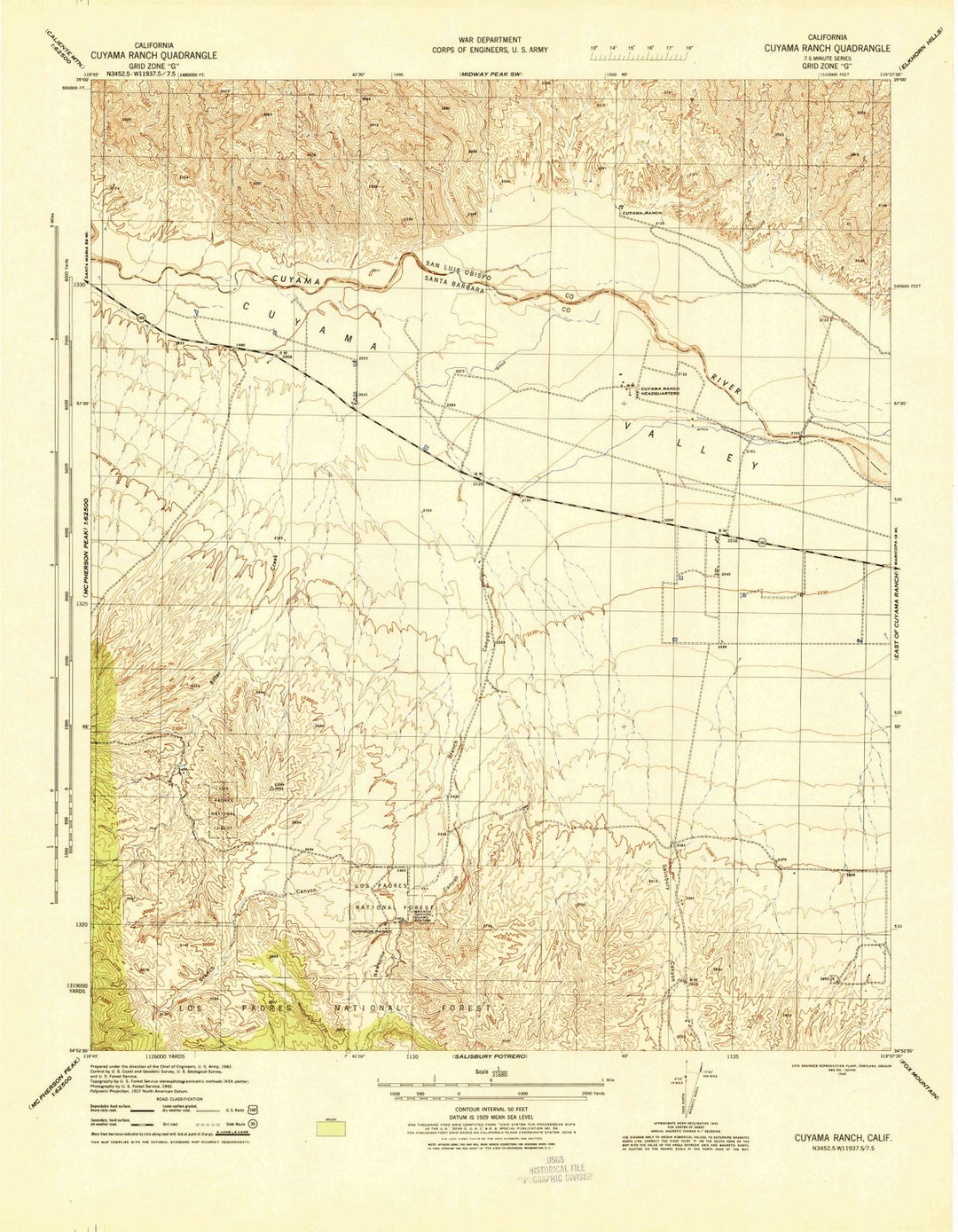 1943 Cuyama Ranch, CA - California - USGS Topographic Map