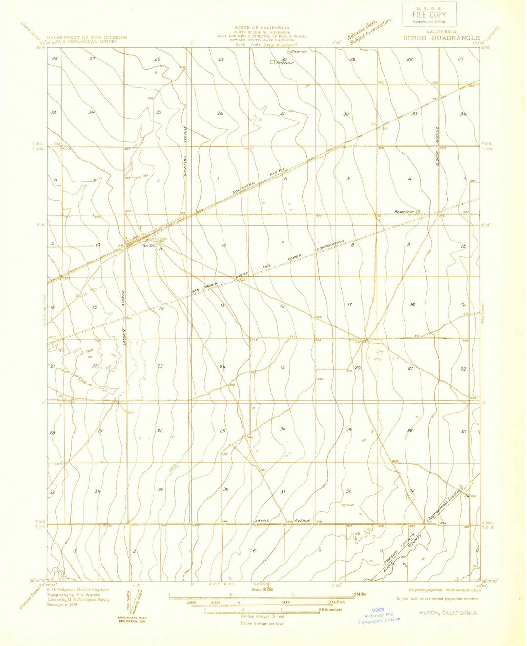 1933 Huron, CA - California - USGS Topographic Map