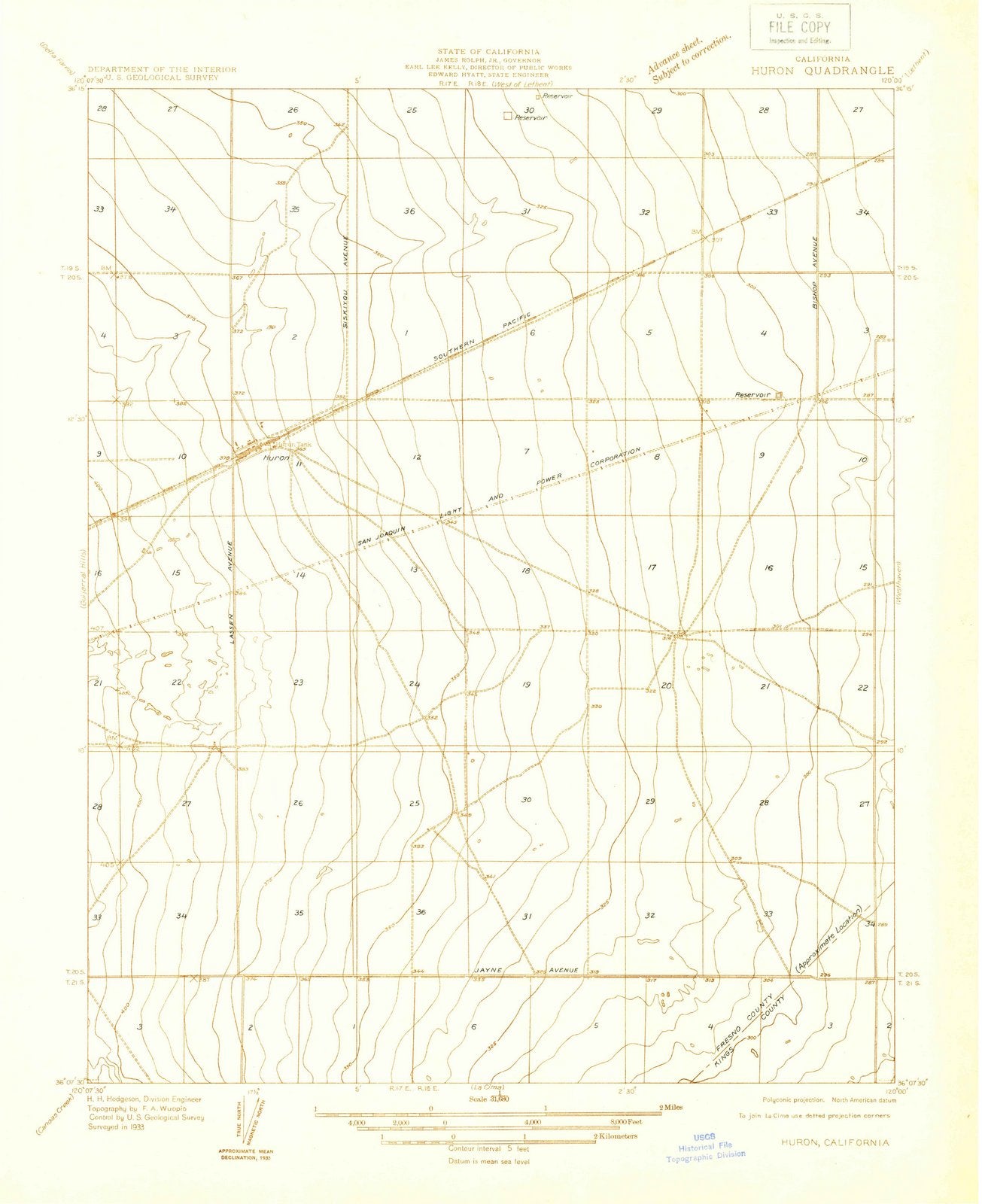 1933 Huron, CA - California - USGS Topographic Map
