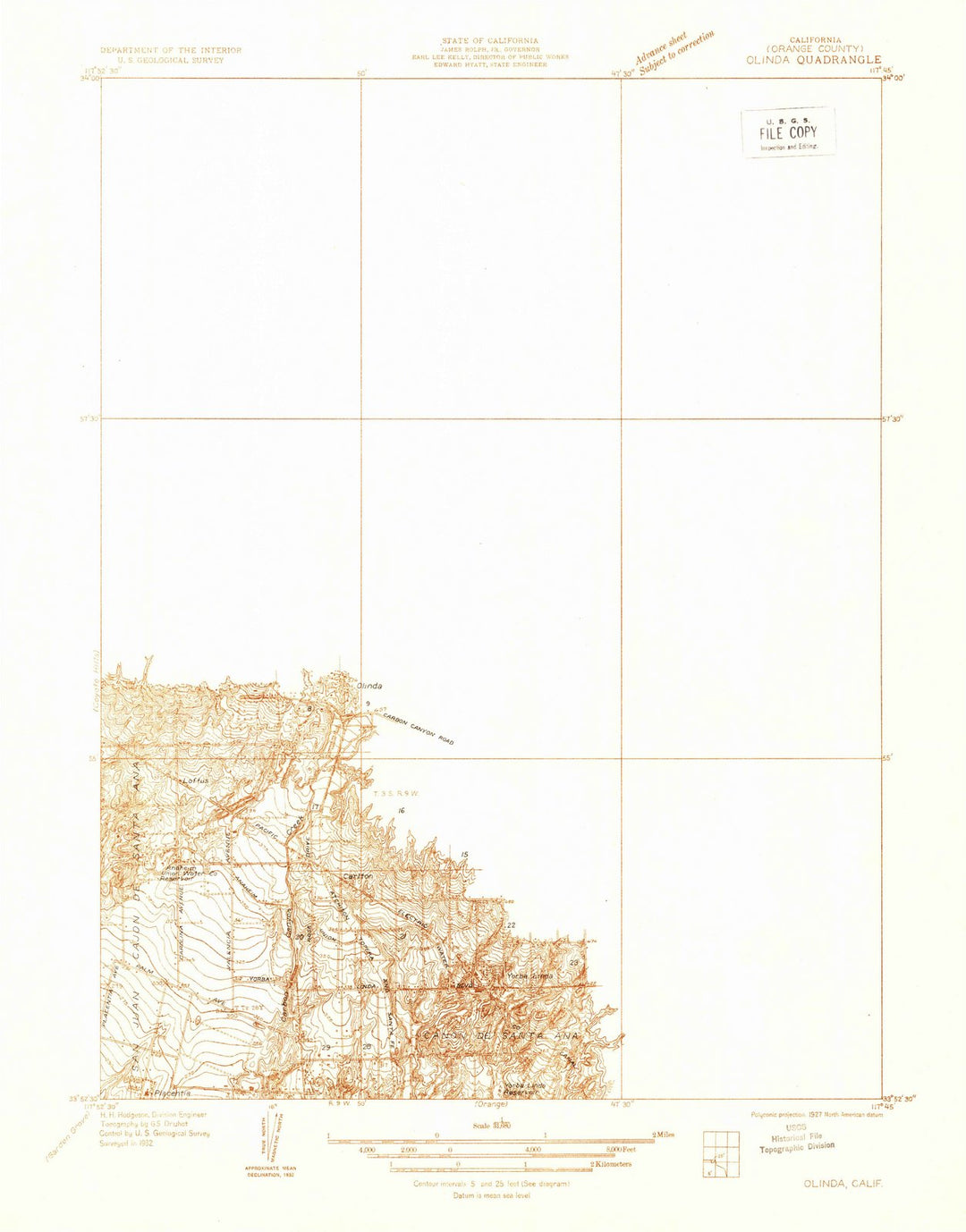 1932 Olinda, CA - California - USGS Topographic Map