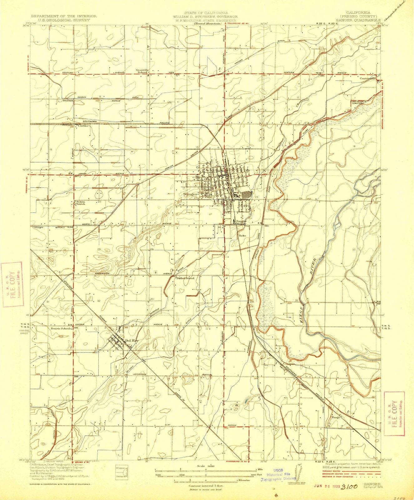 1923 Sanger, CA - California - USGS Topographic Map