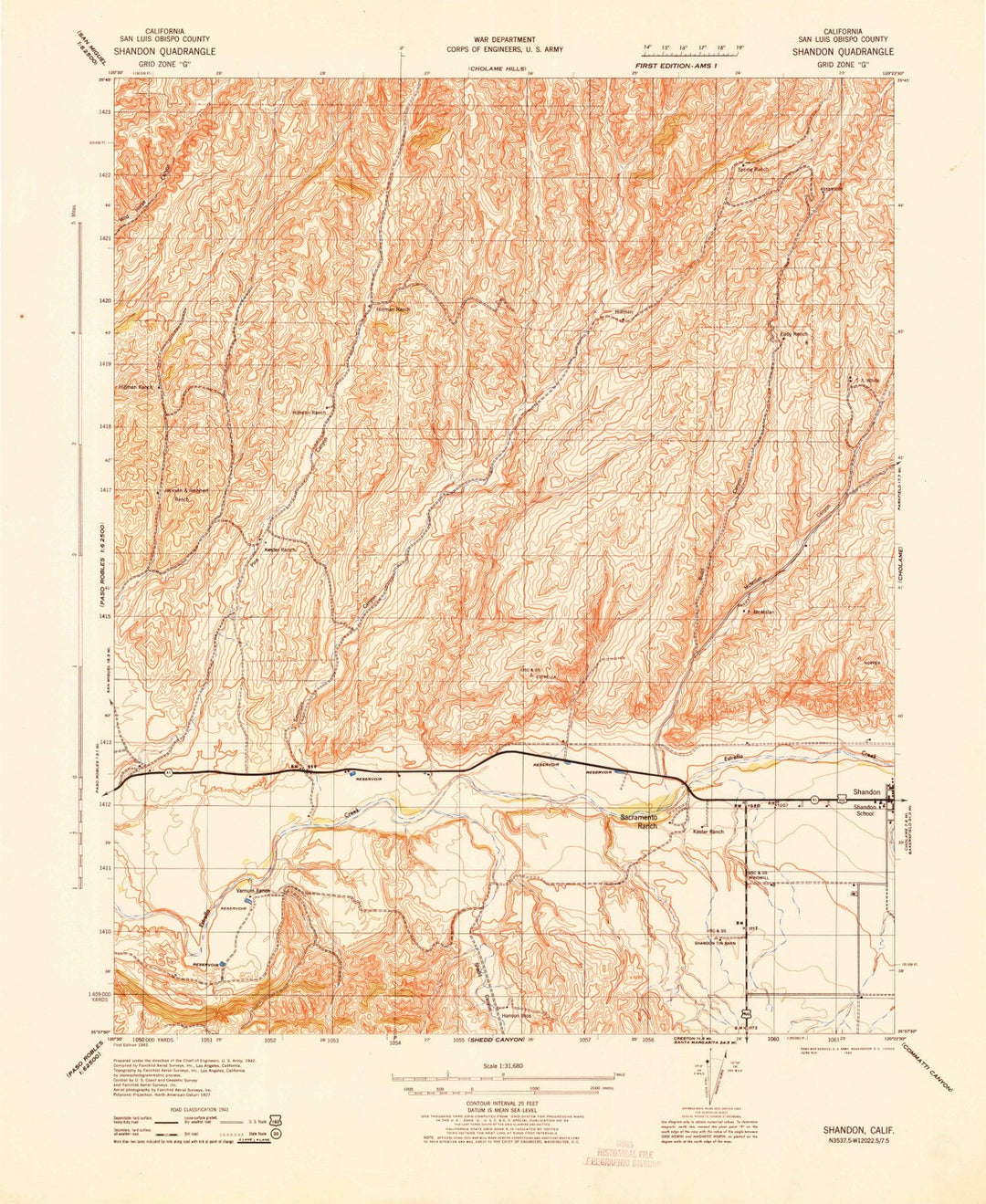 1943 Shandon, CA - California - USGS Topographic Map
