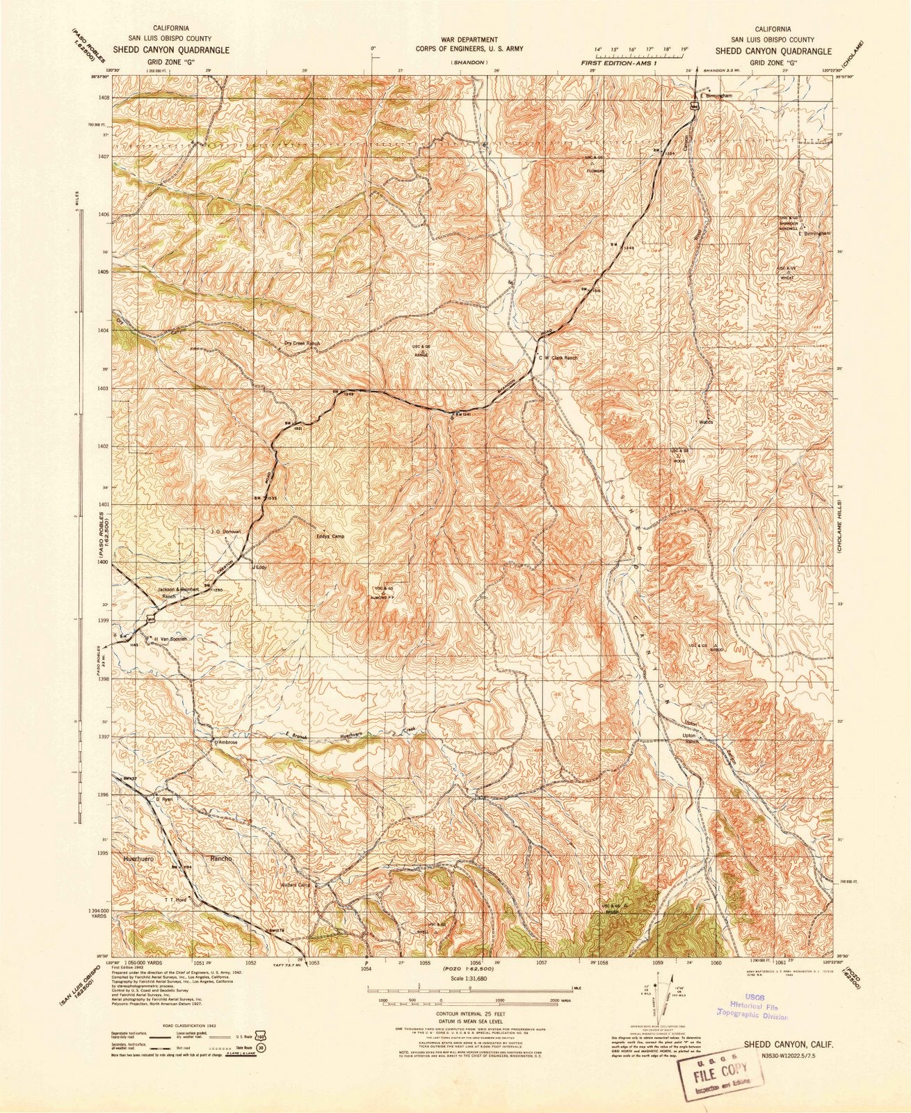 1943 Shedd Canyon, CA - California - USGS Topographic Map