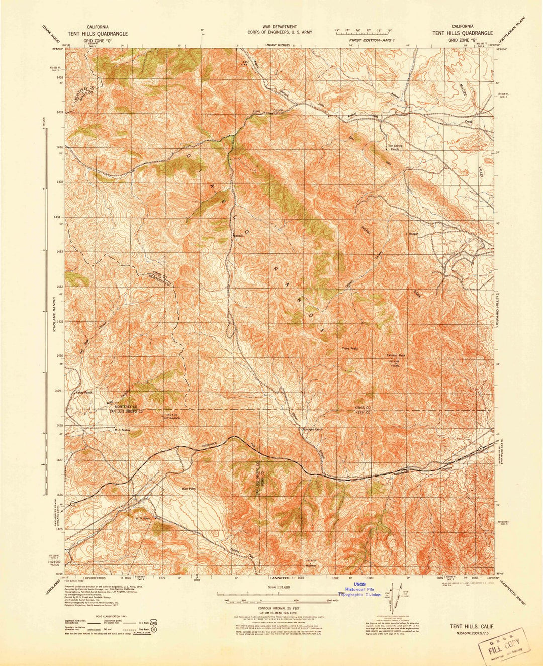 1943 Tent Hills, CA - California - USGS Topographic Map