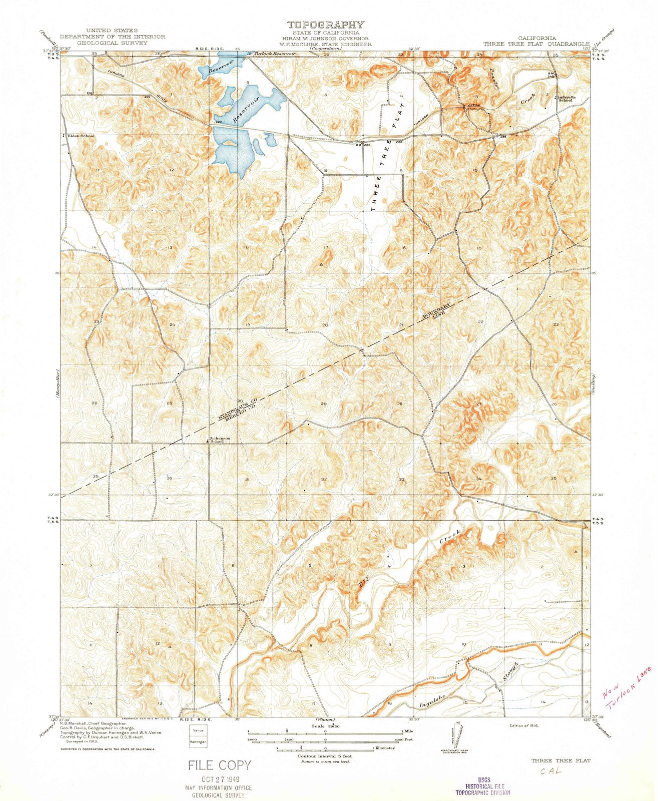 1916 Three Tree Flat, CA - California - USGS Topographic Map