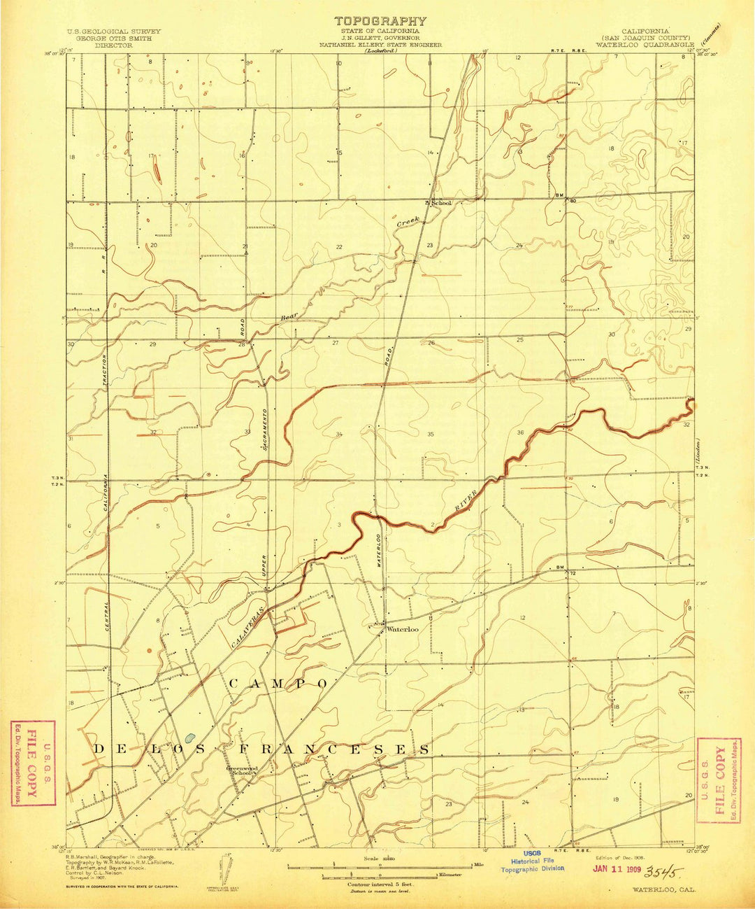 1908 Waterloo, CA - California - USGS Topographic Map