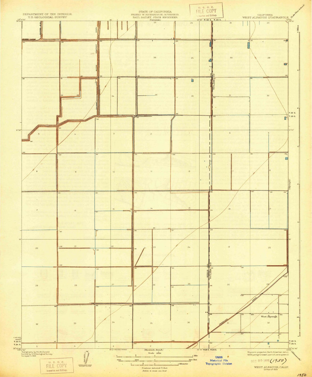 1929 West Alpaugh, CA - California - USGS Topographic Map