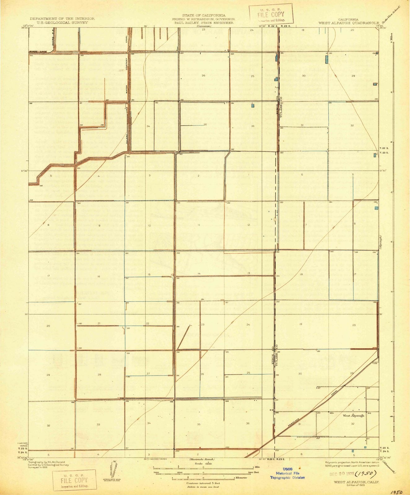 1929 West Alpaugh, CA - California - USGS Topographic Map