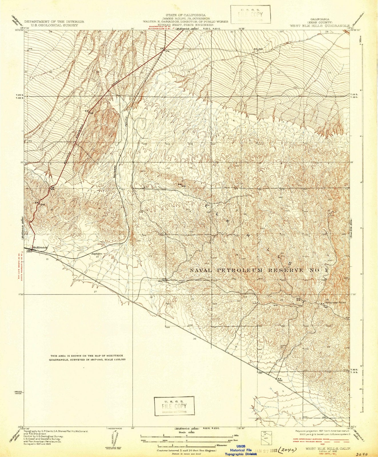 1932 West Elk Hills, CA - California - USGS Topographic Map