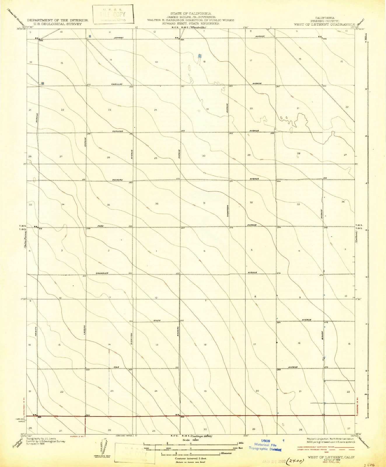 1932 West of Lethent, CA - California - USGS Topographic Map