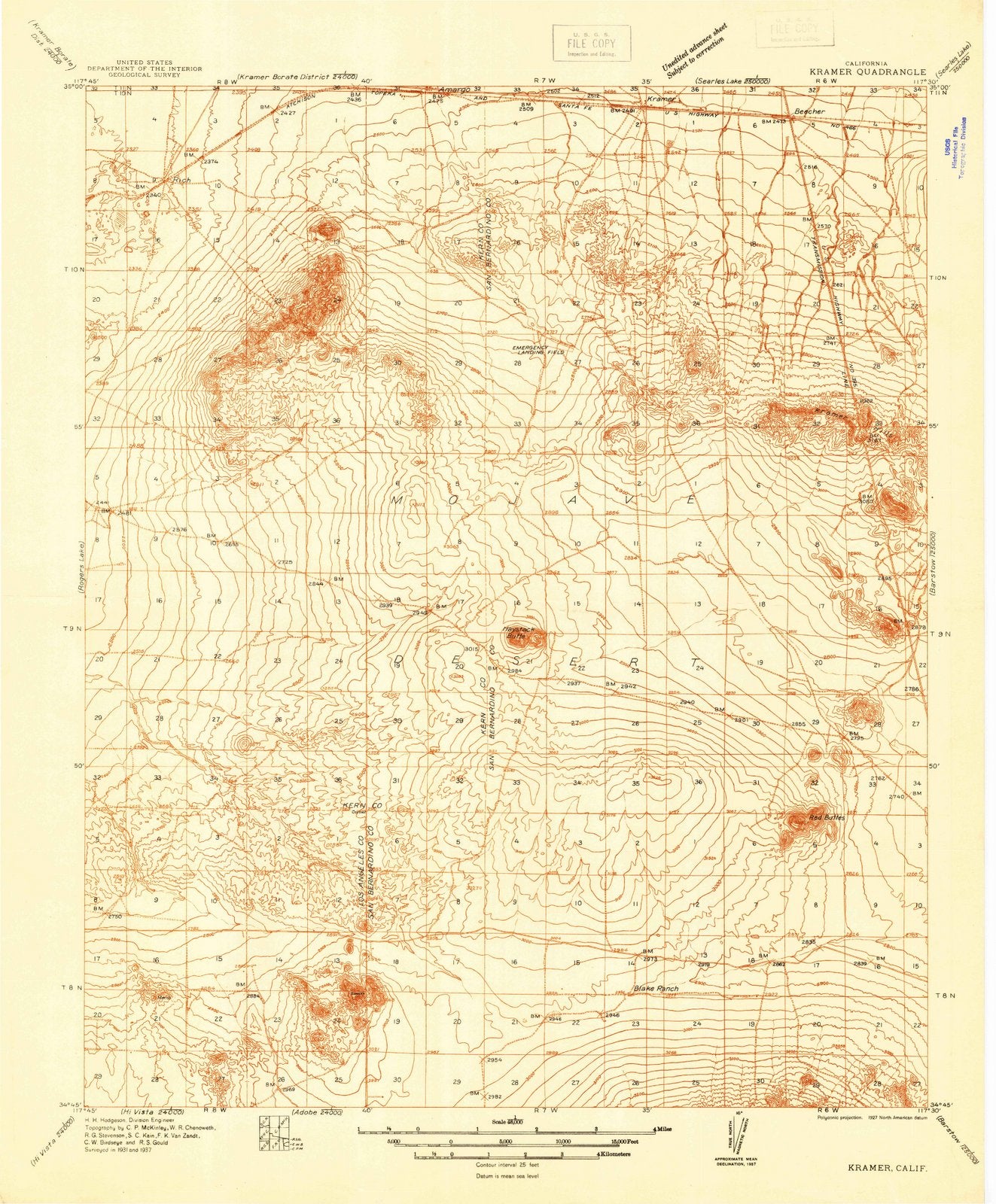 1937 Kramer, CA - California - USGS Topographic Map
