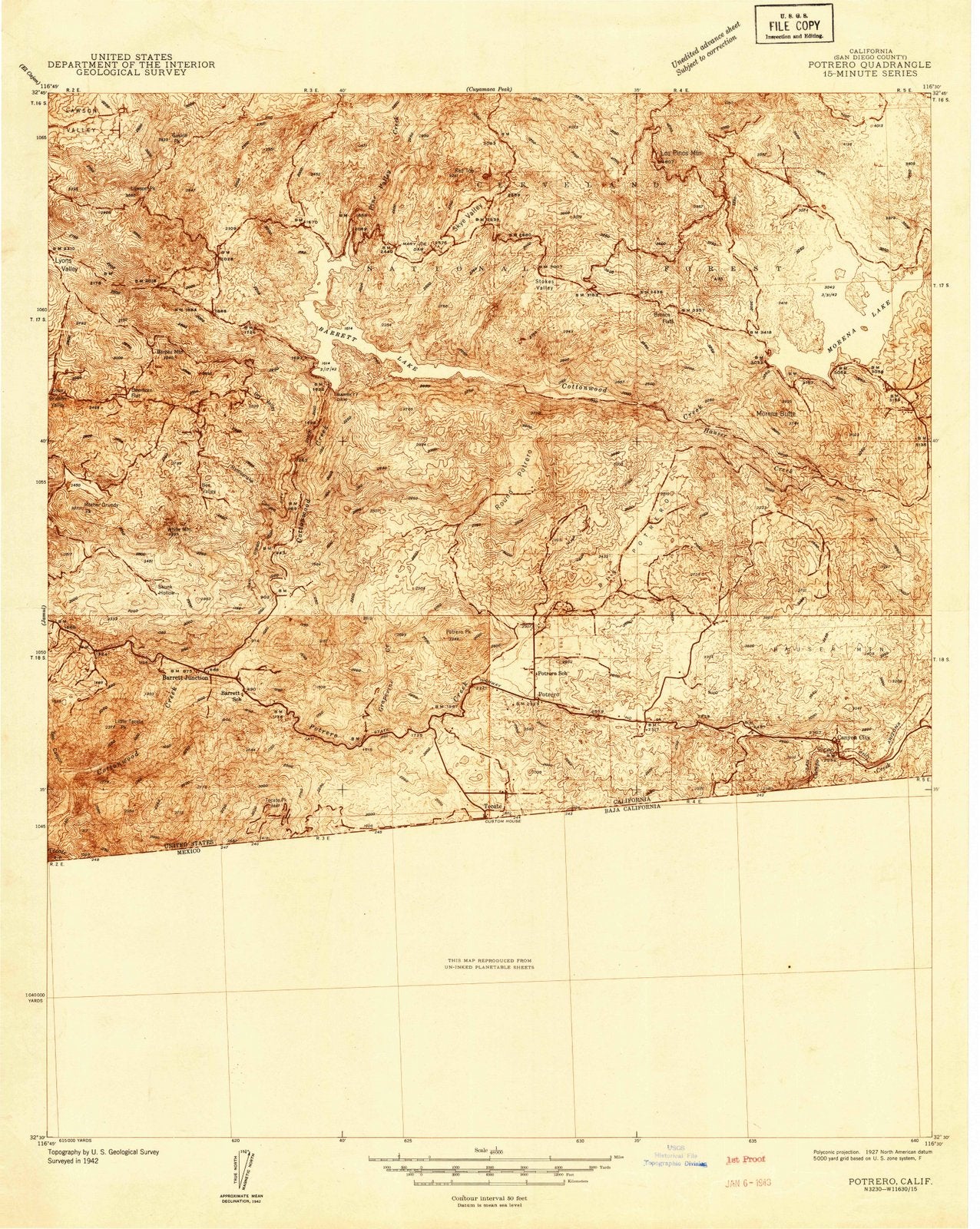1942 Potrero, CA - California - USGS Topographic Map