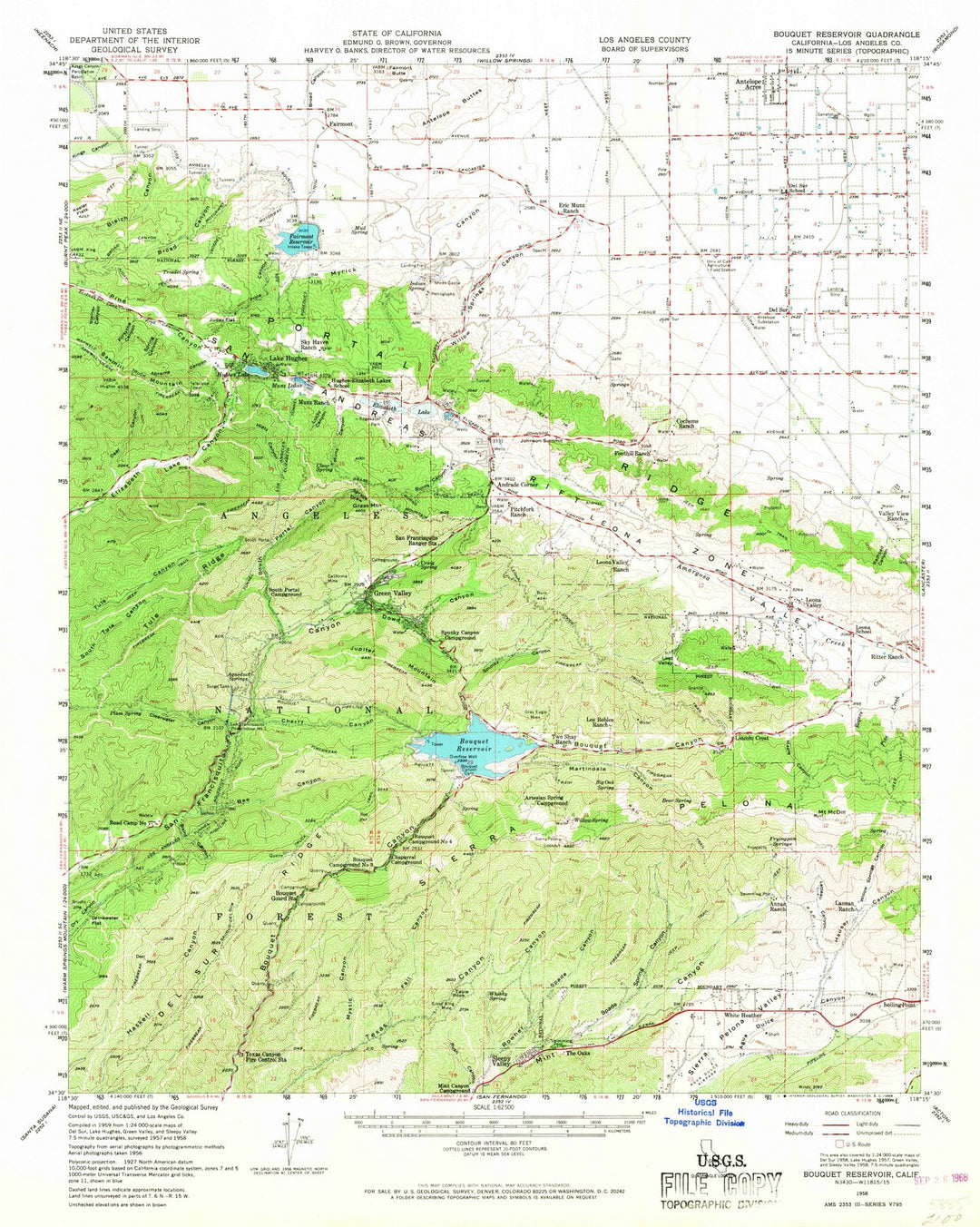 1958 Bouquet Reservoir, CA - California - USGS Topographic Map