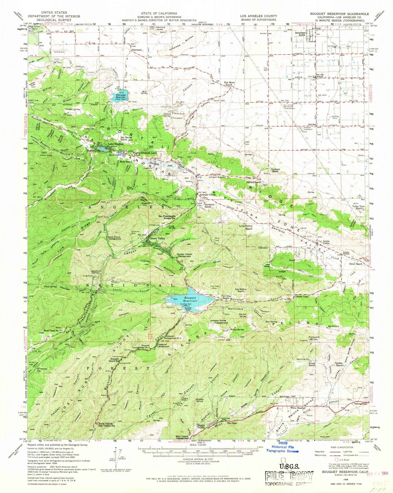 1958 Bouquet Reservoir, CA - California - USGS Topographic Map