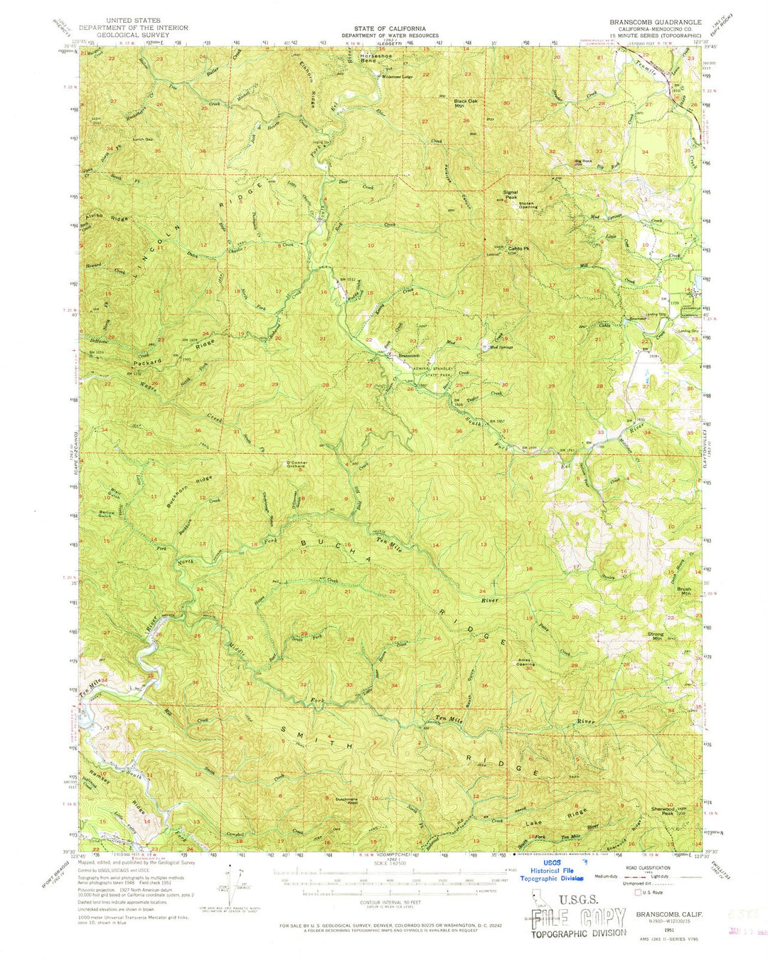 1951 Branscomb, CA - California - USGS Topographic Map