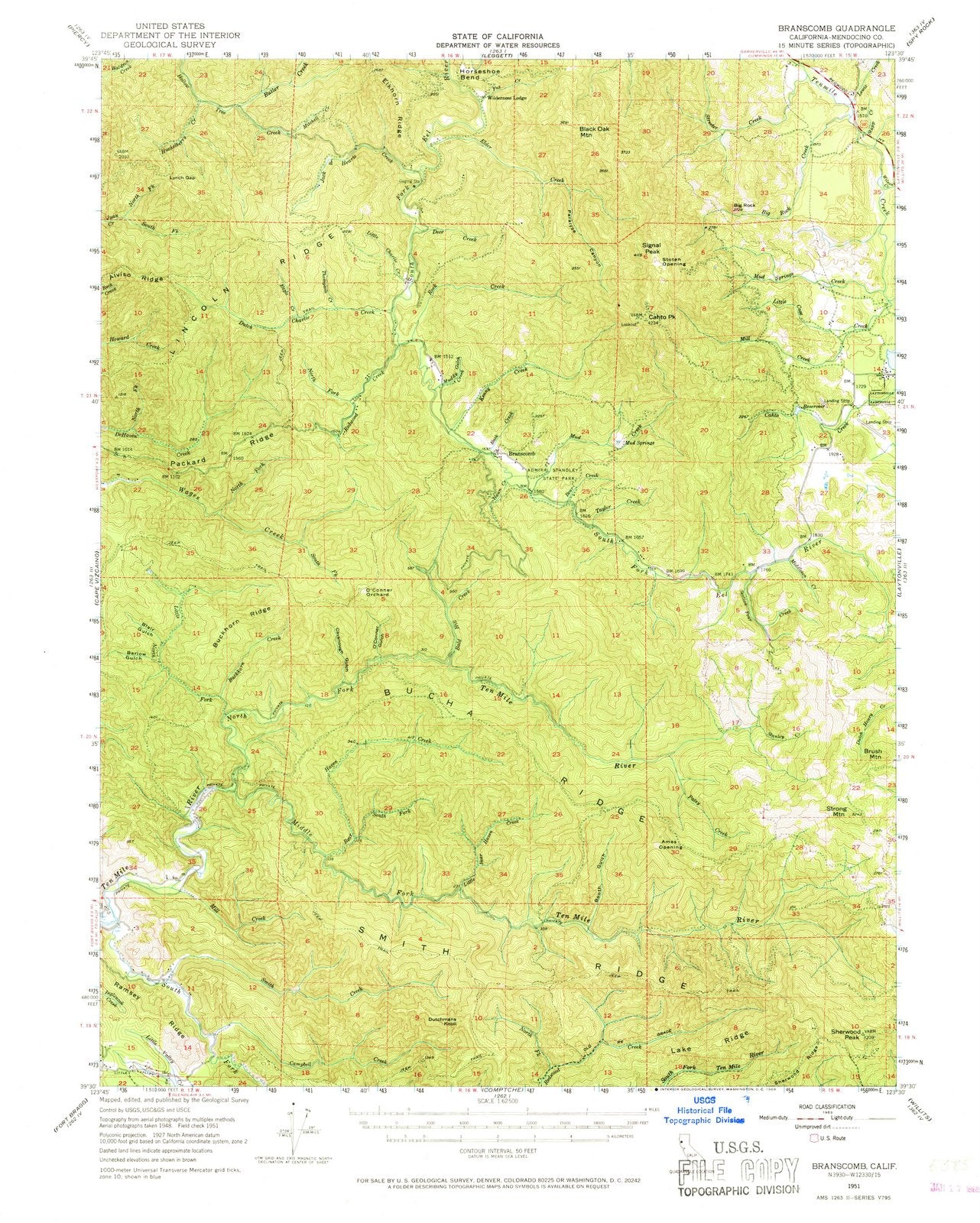 1951 Branscomb, CA - California - USGS Topographic Map