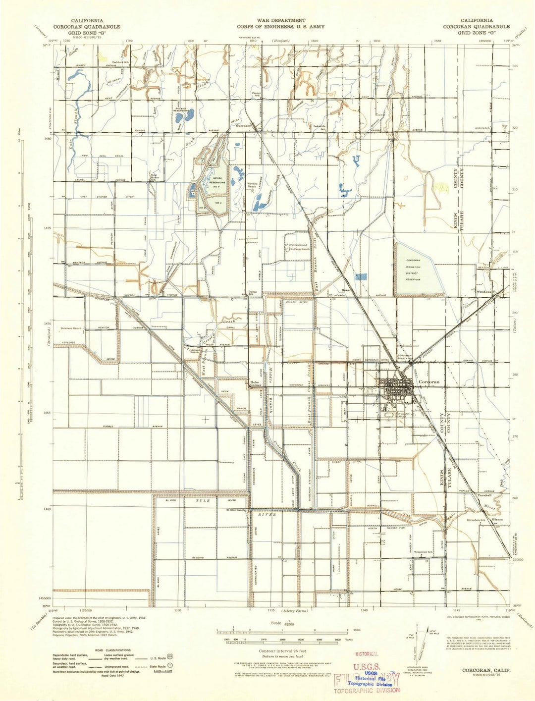 1942 Corcoran, CA - California - USGS Topographic Map