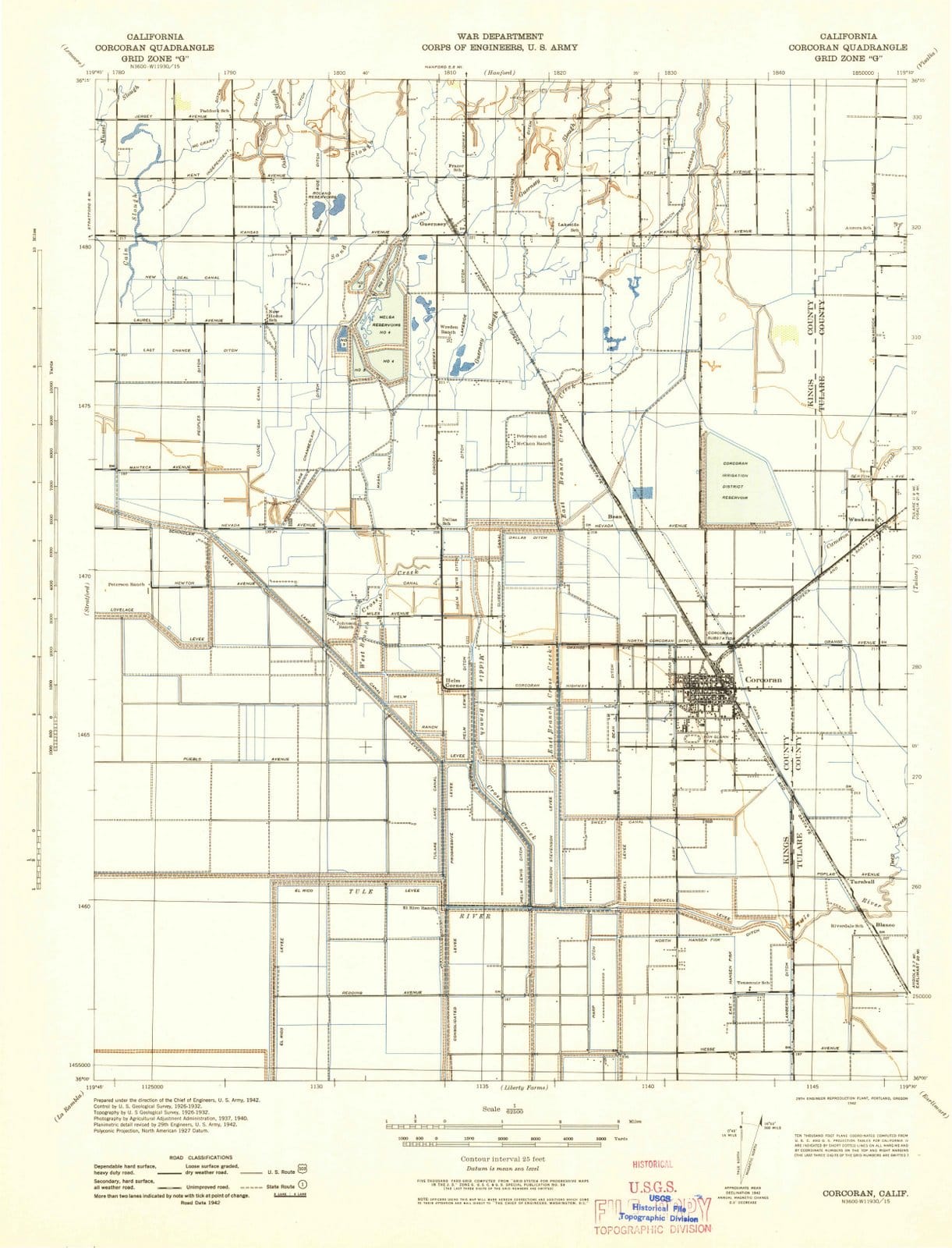 1942 Corcoran, CA - California - USGS Topographic Map