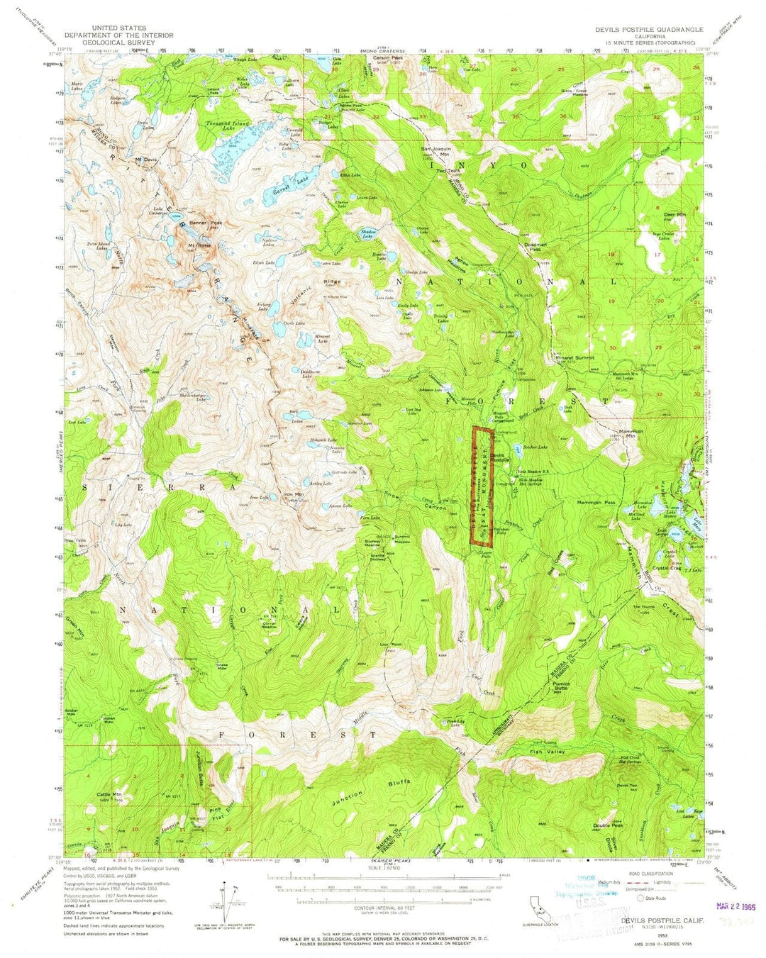 1953 Devils Postpile, CA - California - USGS Topographic Map