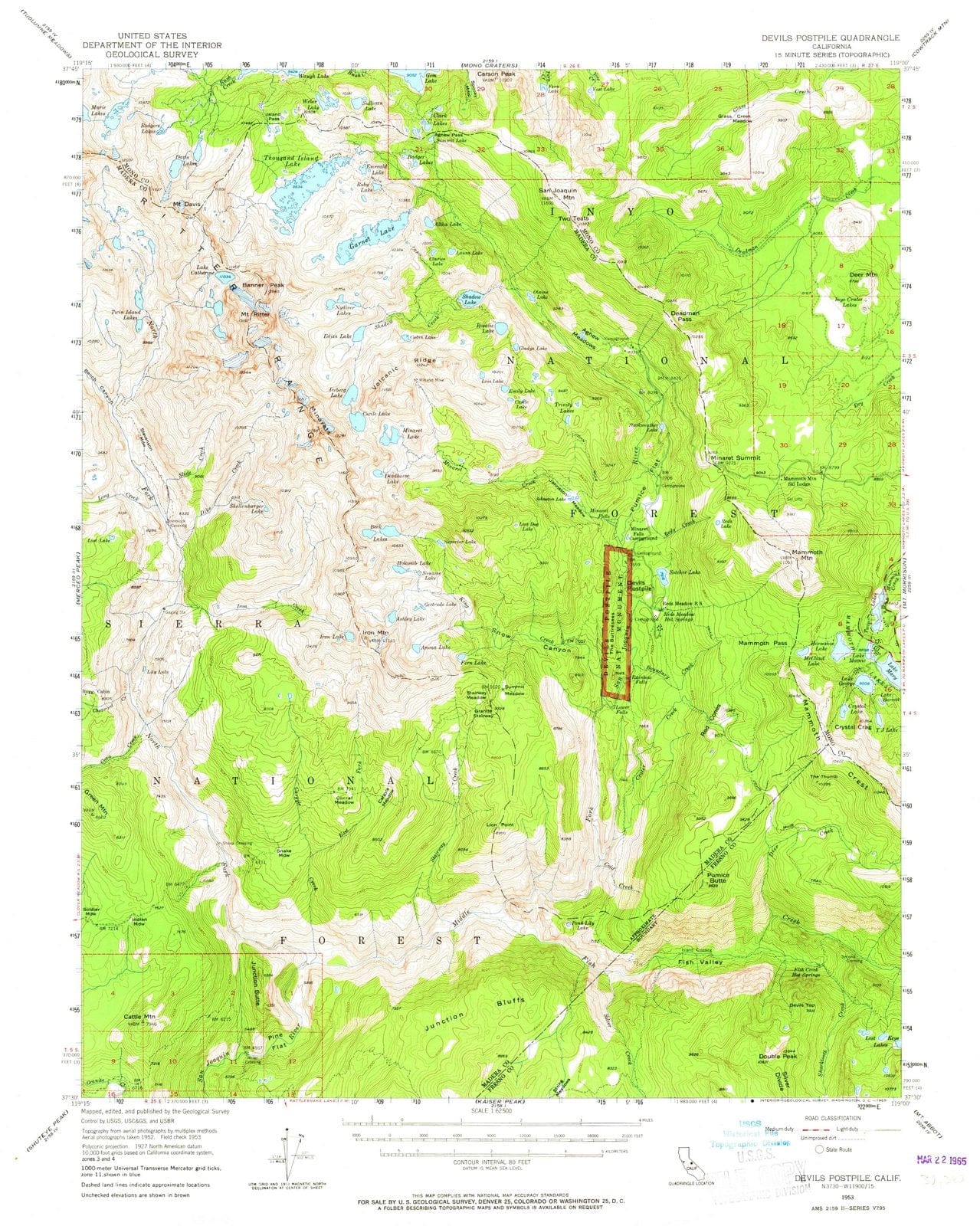 1953 Devils Postpile, CA - California - USGS Topographic Map