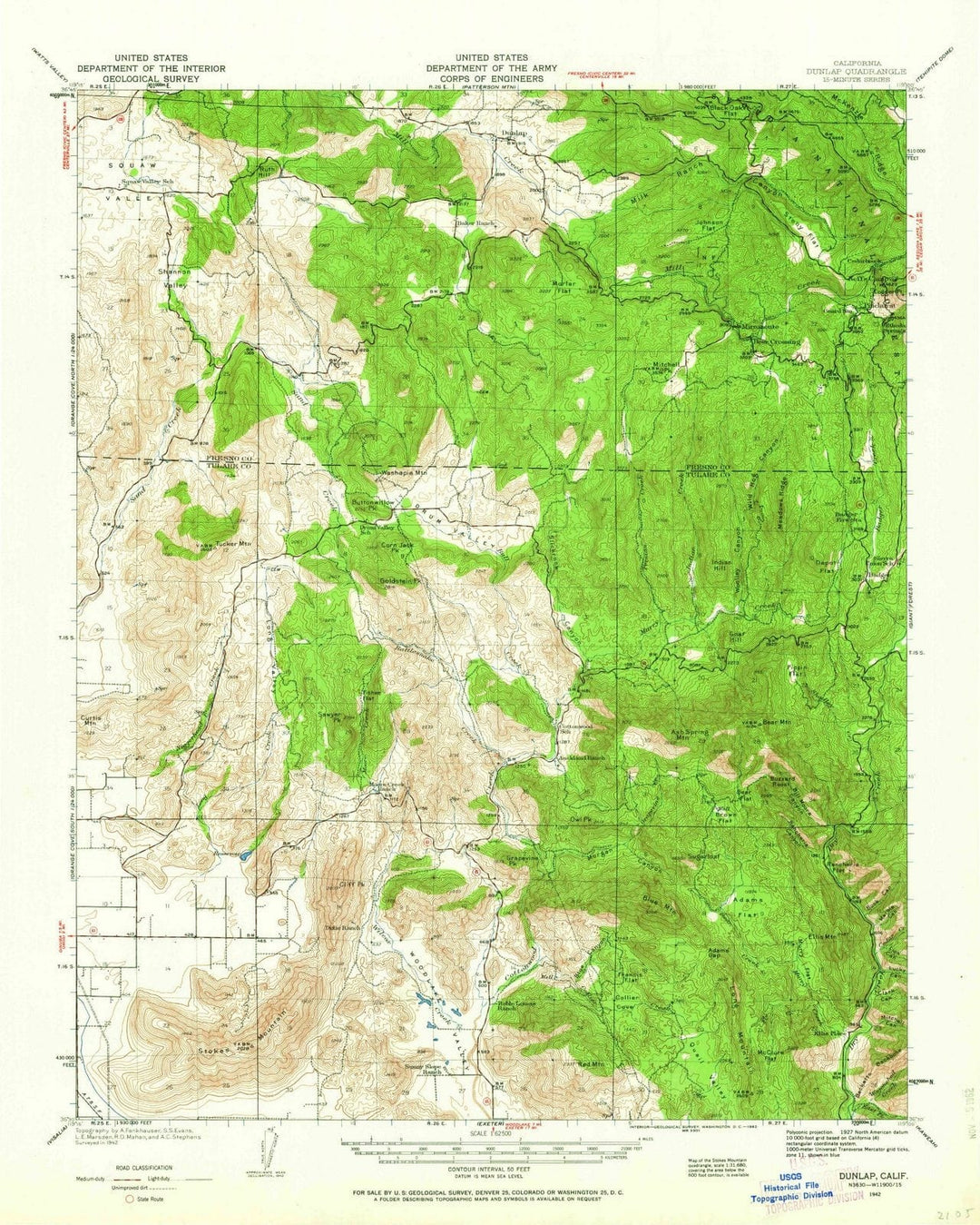 1942 Dunlap, CA - California - USGS Topographic Map