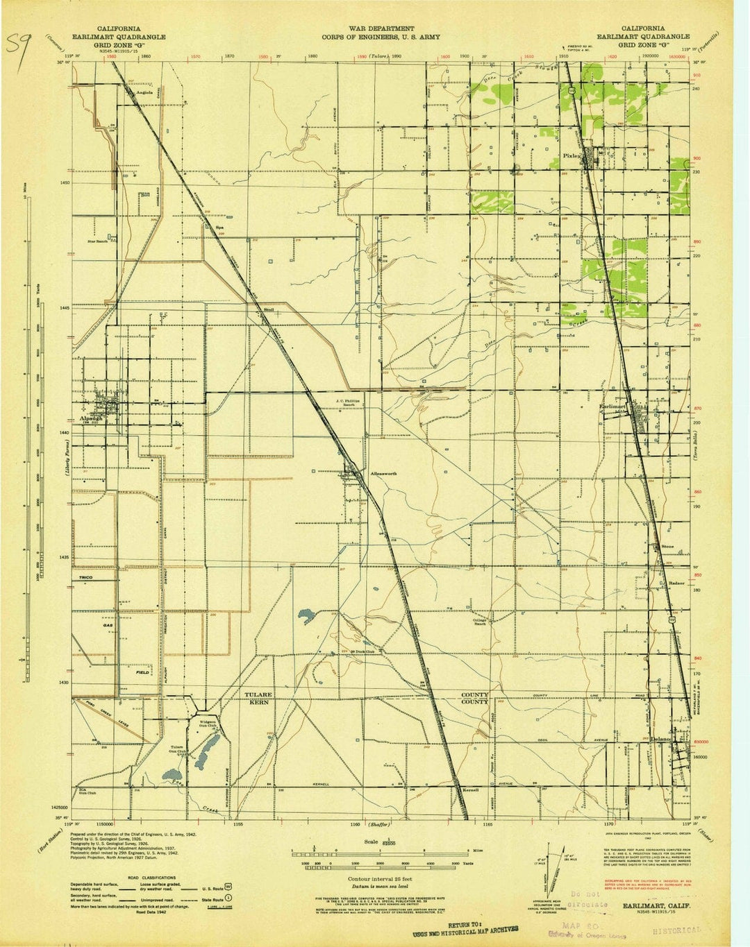 1942 Earlimart, CA - California - USGS Topographic Map