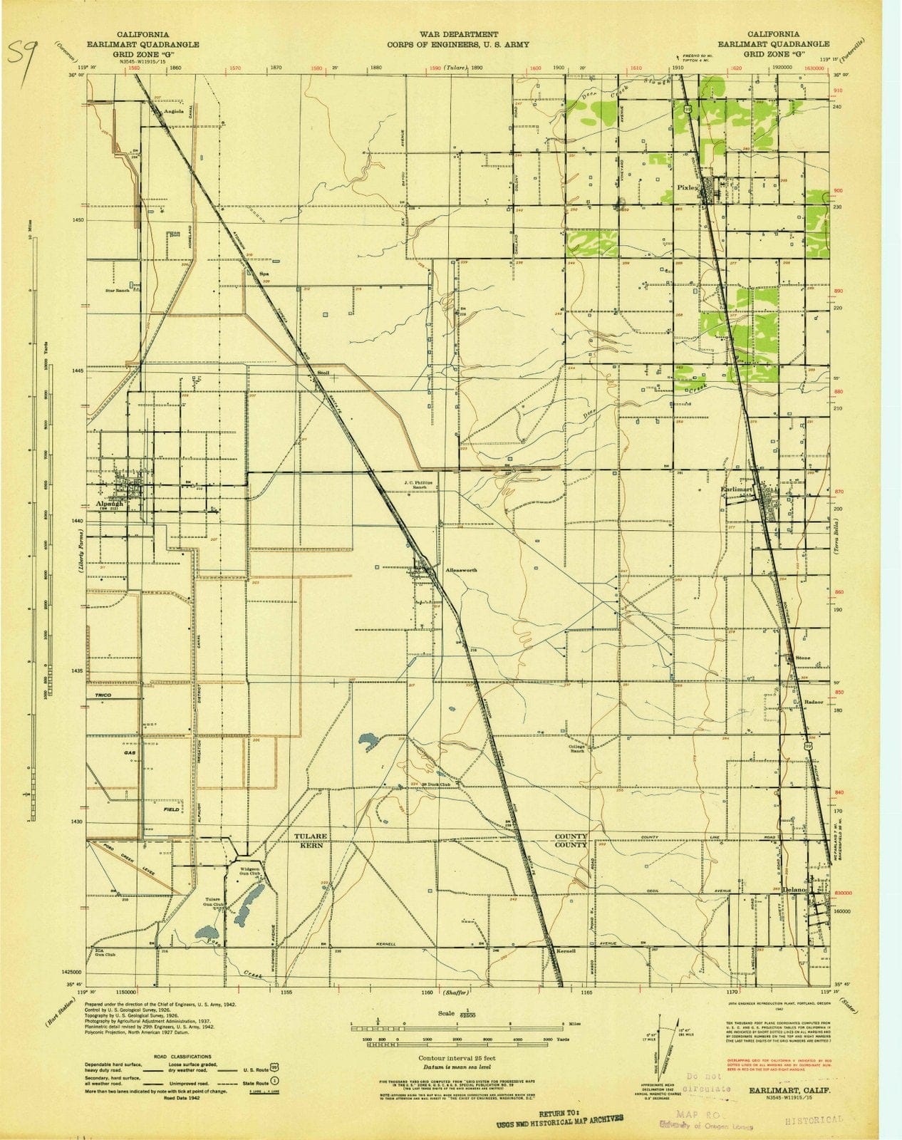 1942 Earlimart, CA - California - USGS Topographic Map
