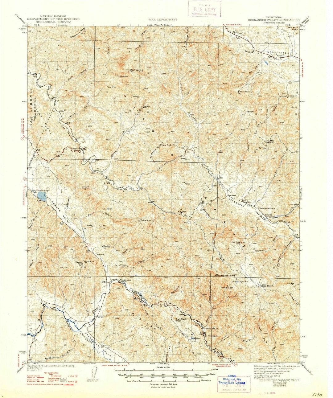 1943 Hernandez Valley, CA - California - USGS Topographic Map