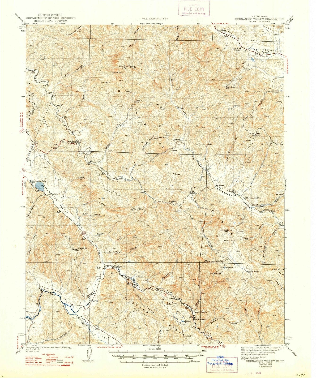 1943 Hernandez Valley, CA - California - USGS Topographic Map