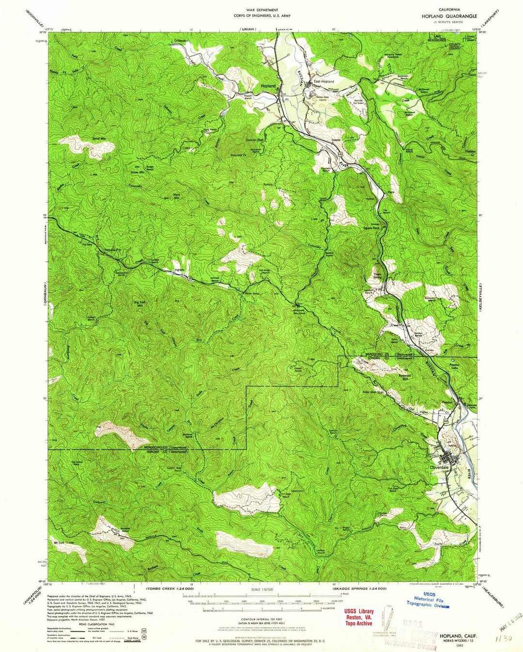 1943 Hopland, CA - California - USGS Topographic Map