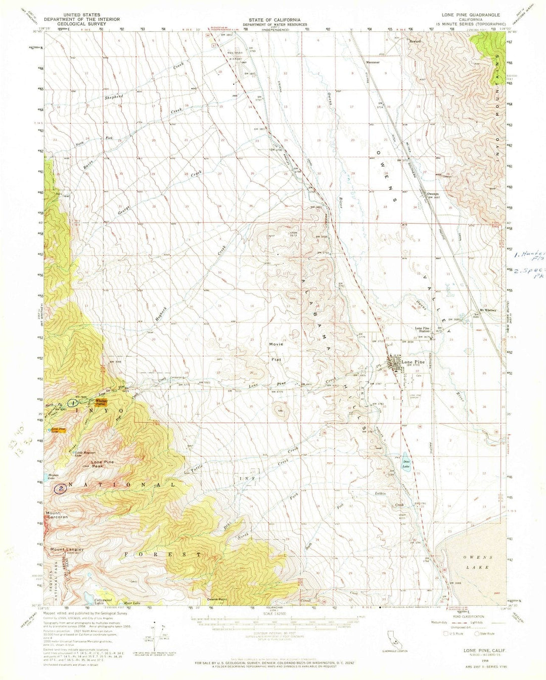 1958 Lone Pine, CA - California - USGS Topographic Map