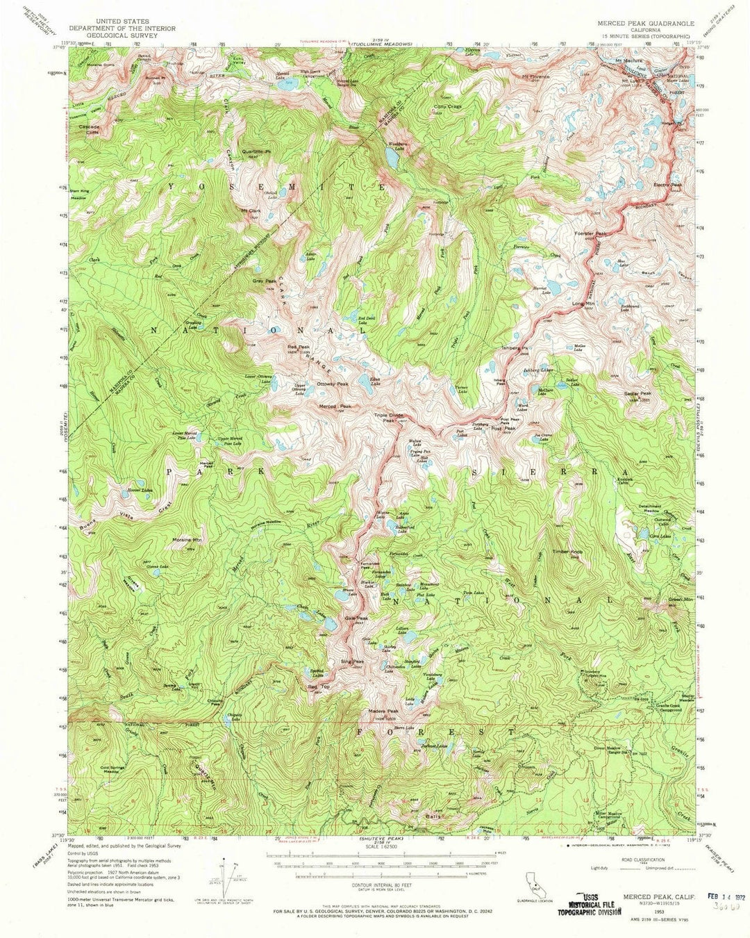 1953 Merced Peak, CA - California - USGS Topographic Map
