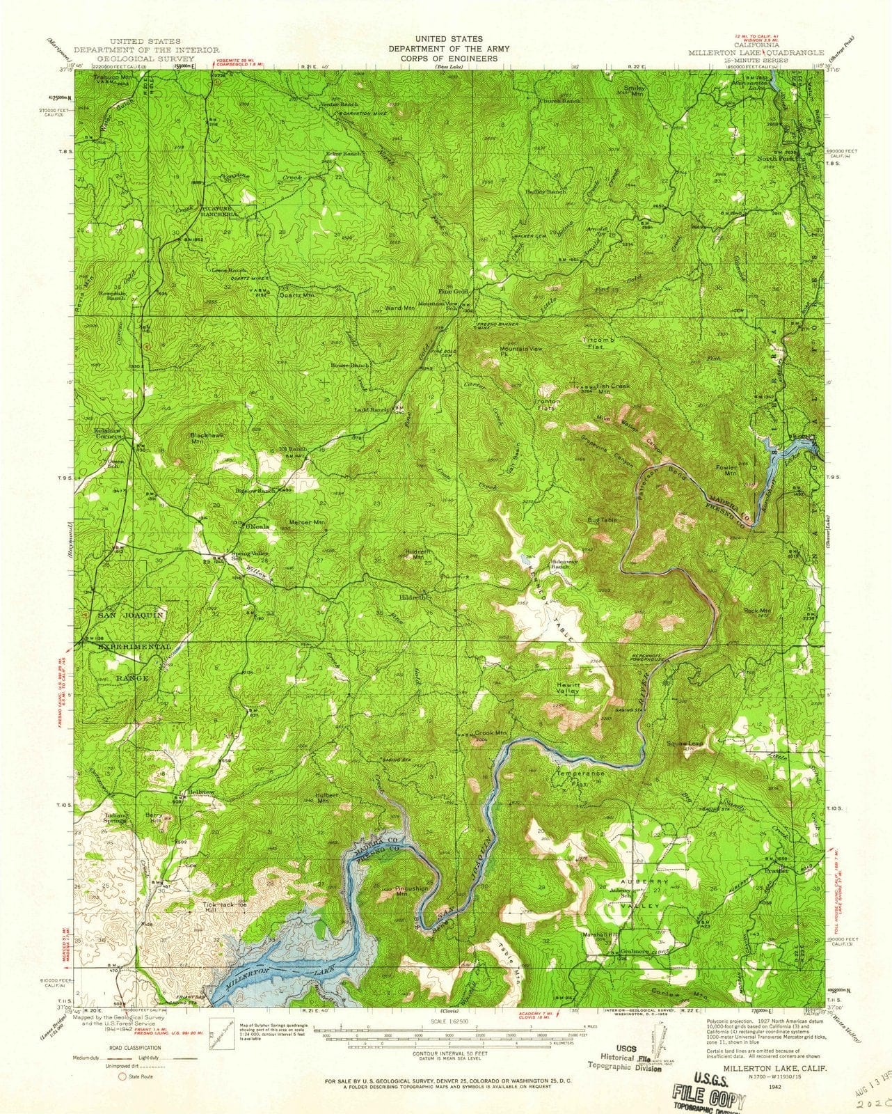 1942 Millerton Lake, CA - California - USGS Topographic Map