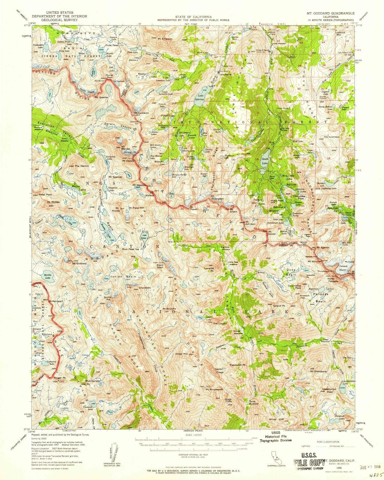 1948 Mt. Goddard, CA - California - USGS Topographic Map