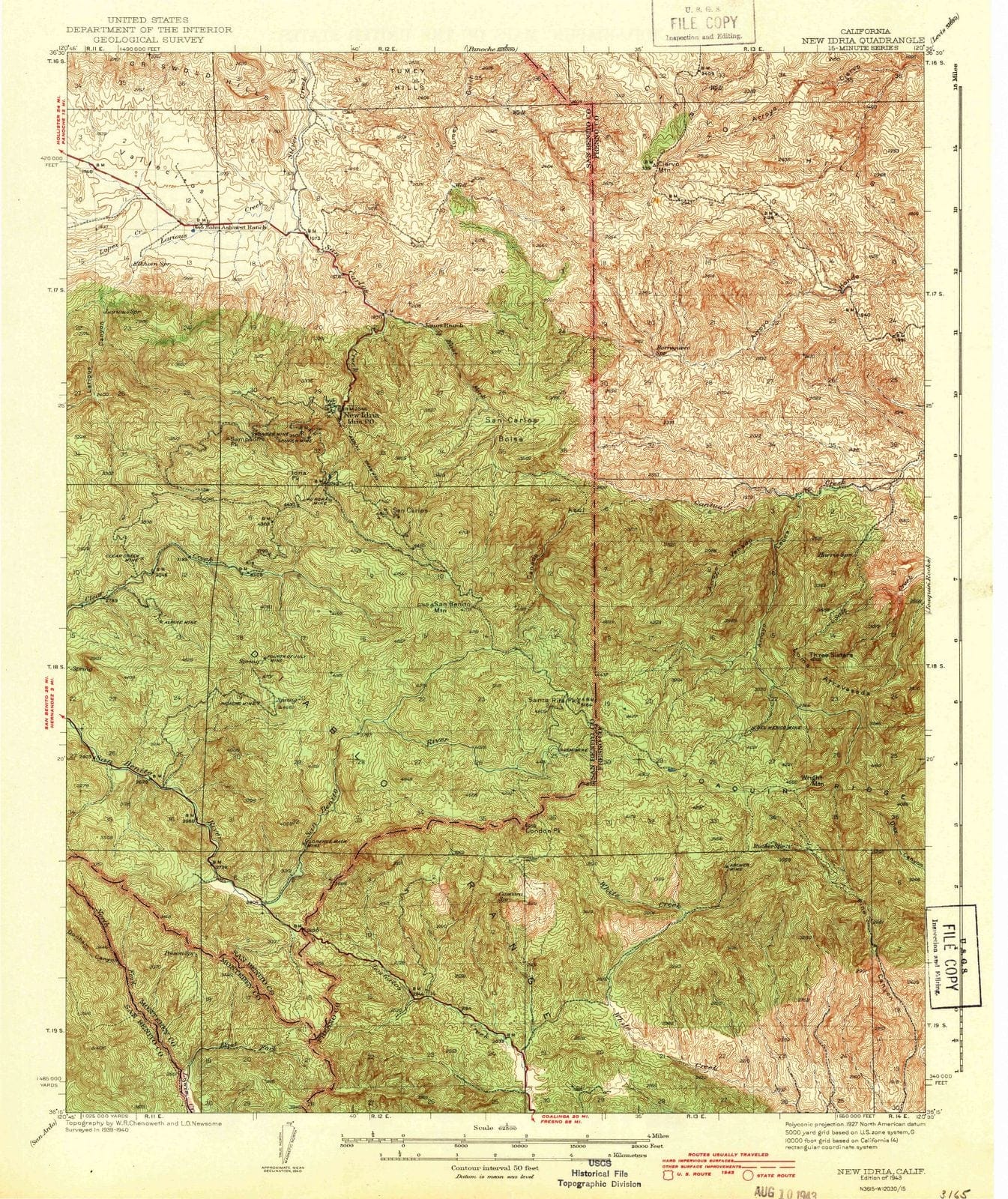 1943 New Idria, CA - California - USGS Topographic Map