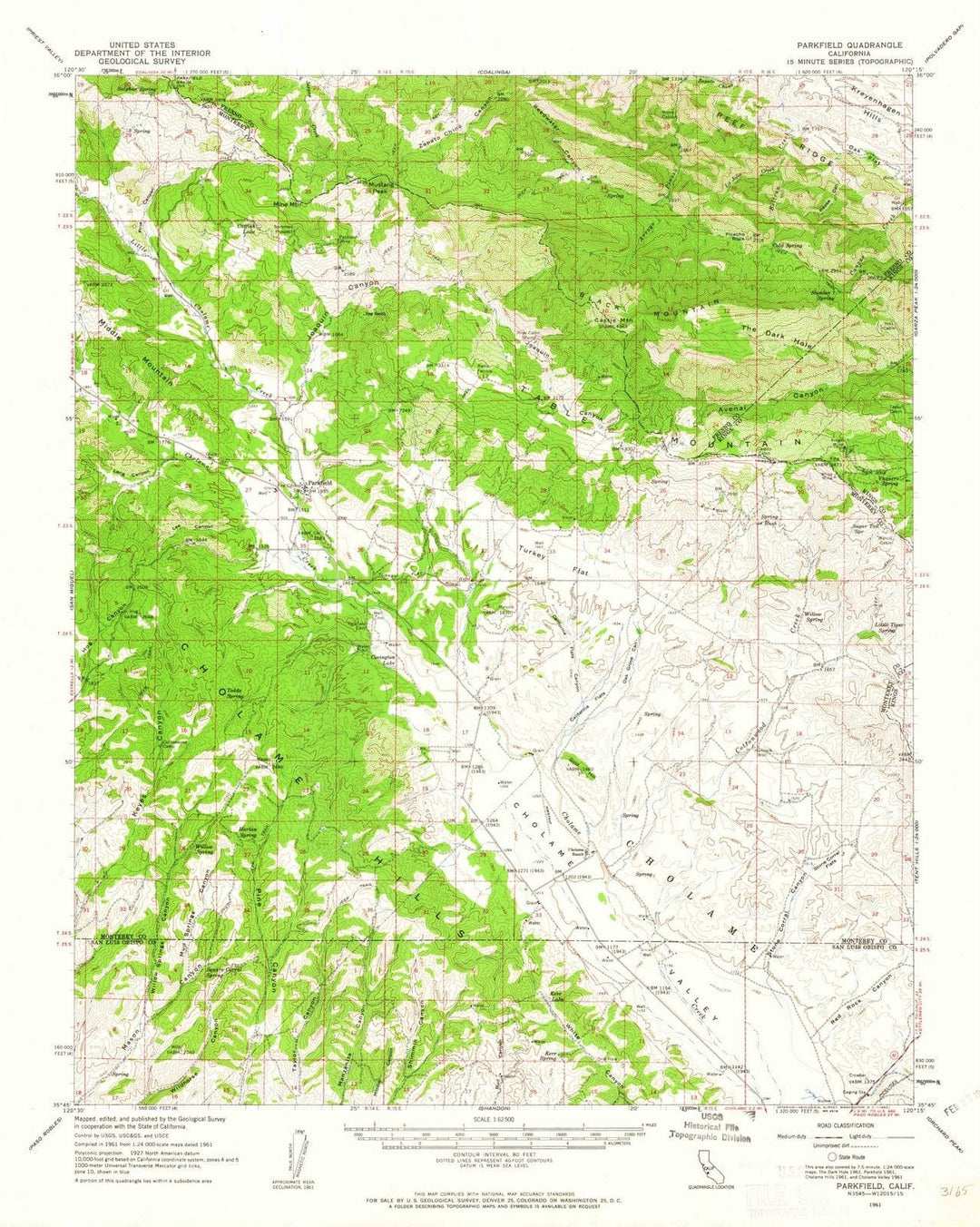 1961 Parkfield, CA - California - USGS Topographic Map