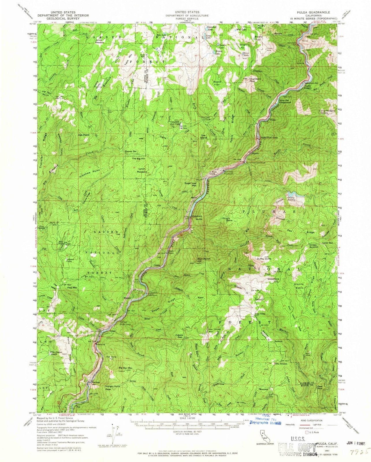 1957 Pulga, CA - California - USGS Topographic Map