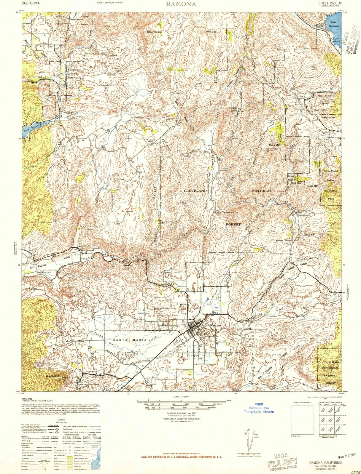 1942 Ramona, CA - California - USGS Topographic Map