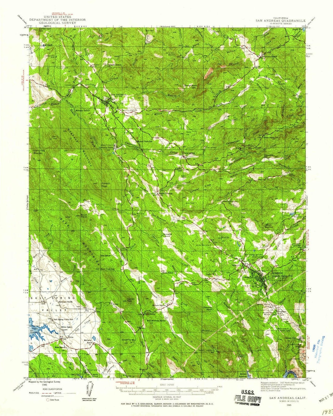 1945 San Andreas, CA - California - USGS Topographic Map