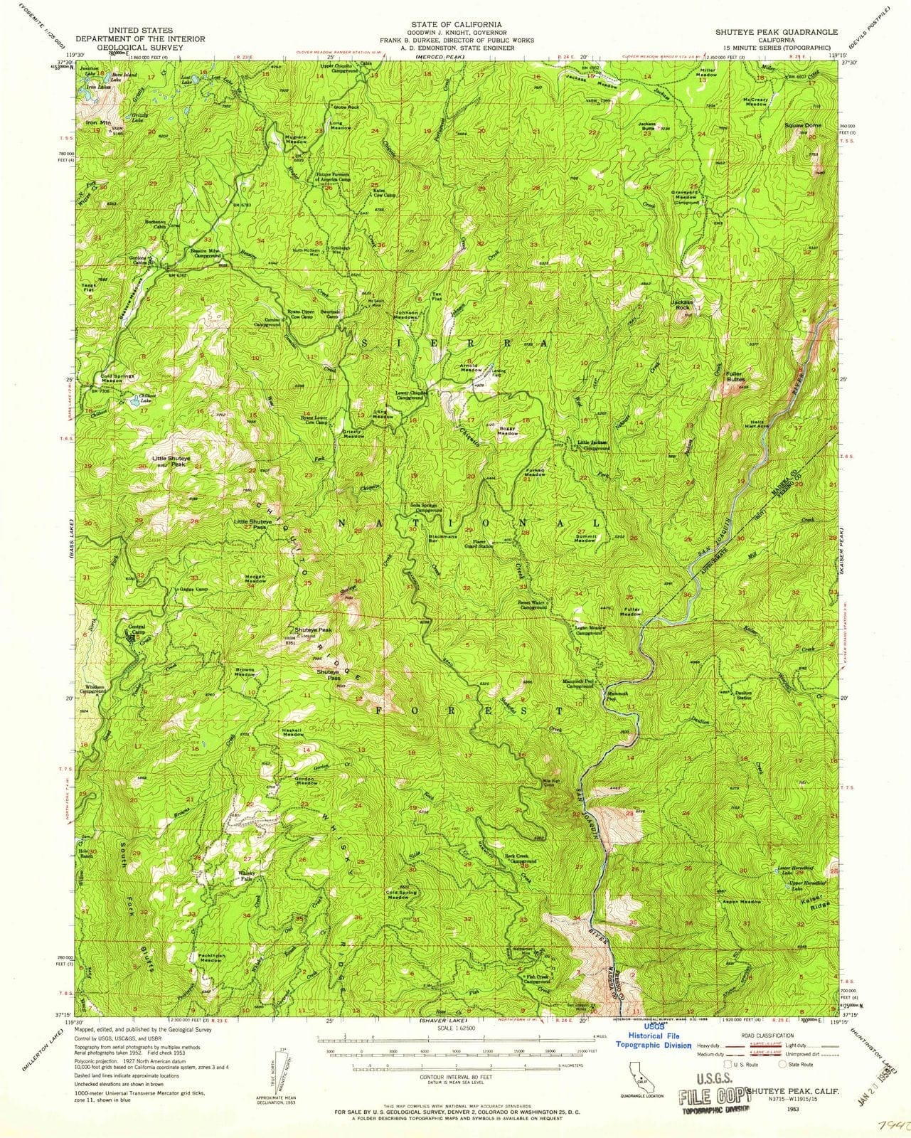 1953 Shuteye Peak, CA - California - USGS Topographic Map
