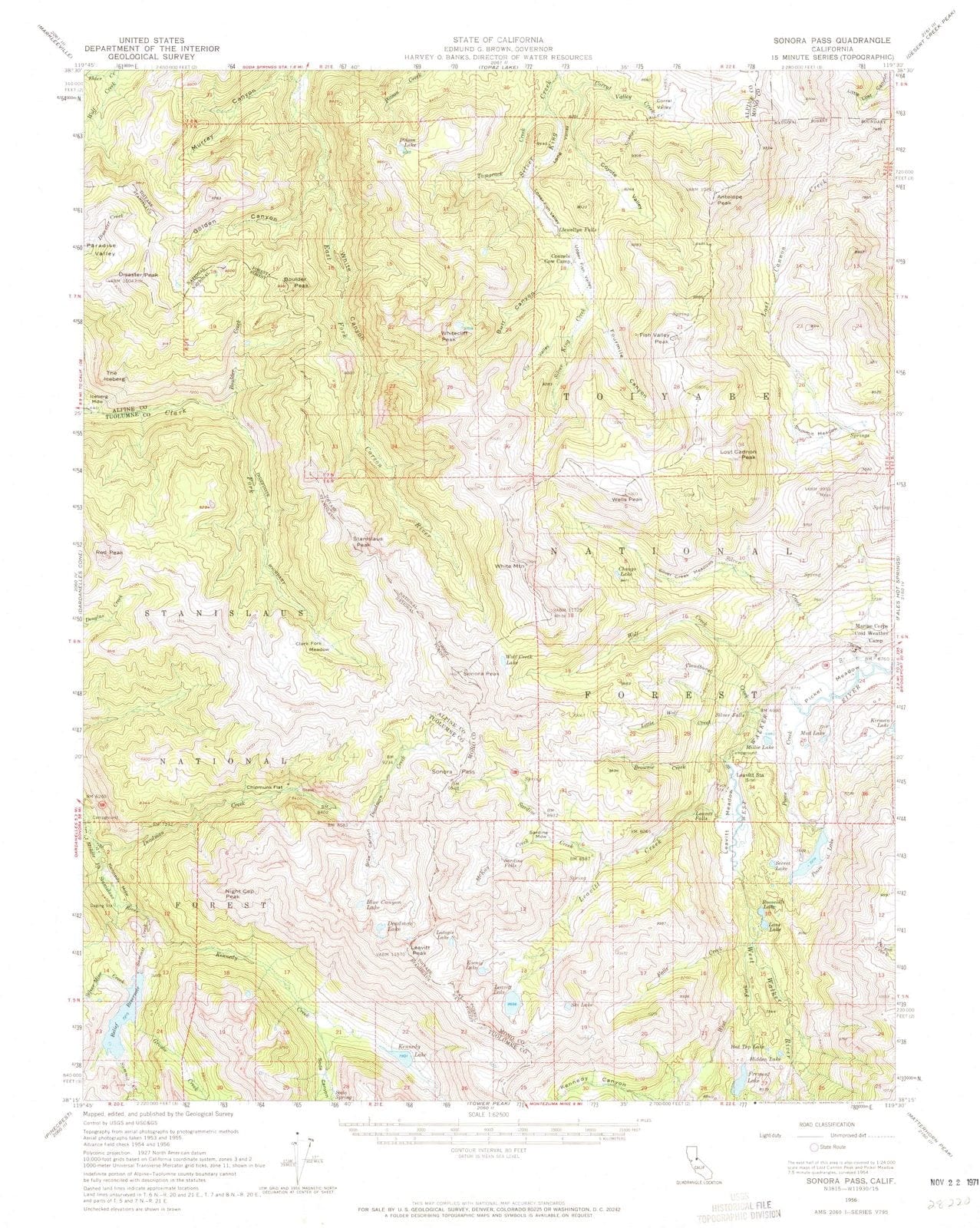 1956 Sonora Pass, CA - California - USGS Topographic Map