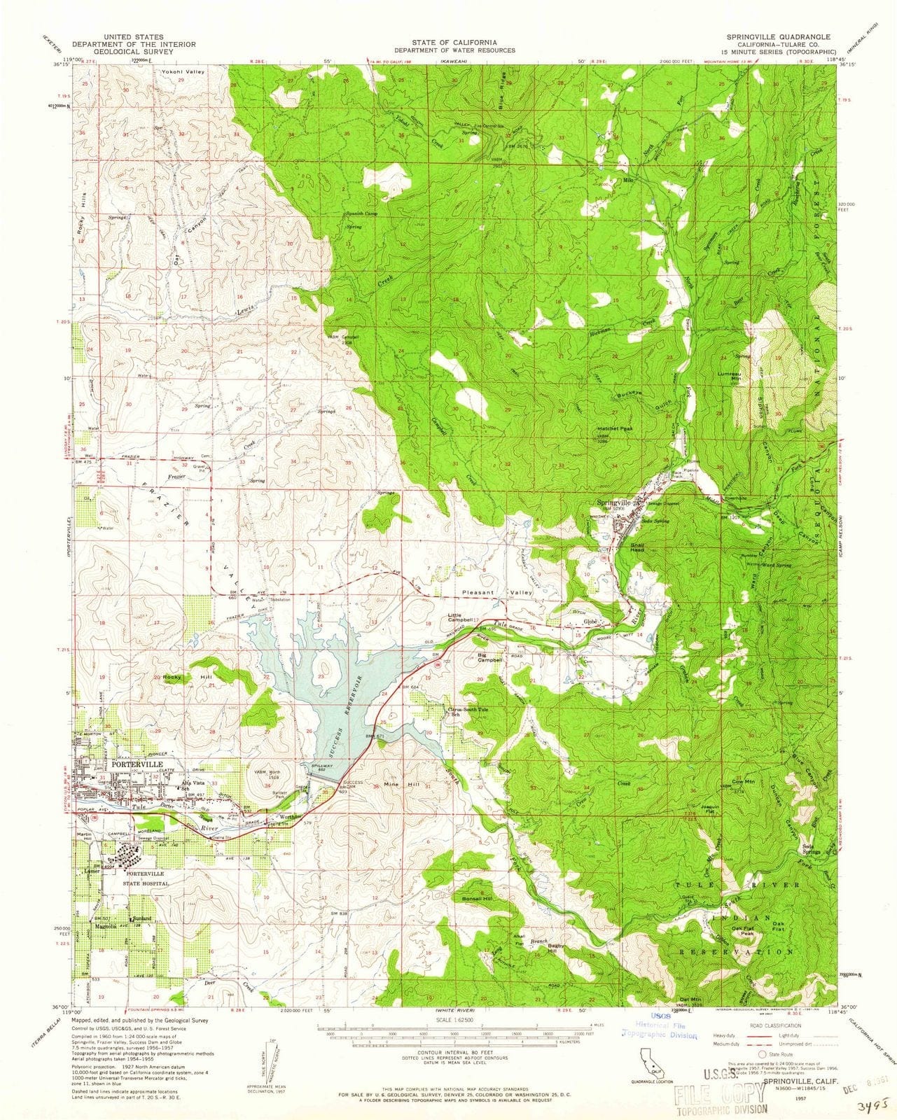 1957 Springville, CA - California - USGS Topographic Map