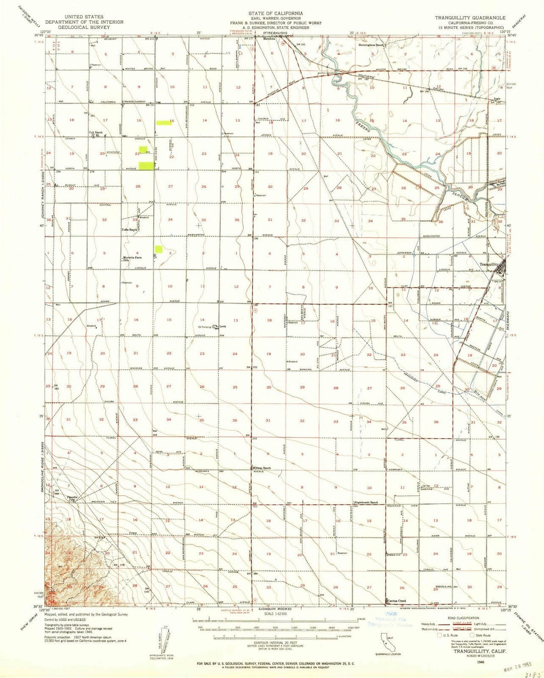 1946 Tranquillity, CA - California - USGS Topographic Map