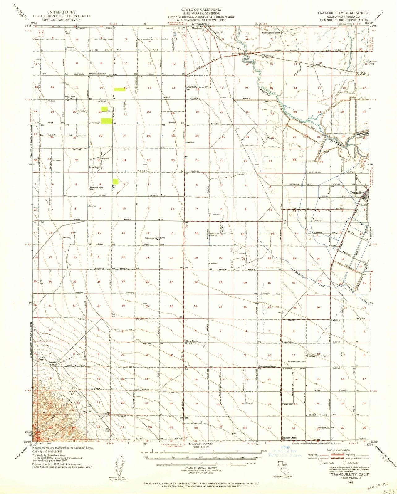 1946 Tranquillity, CA - California - USGS Topographic Map