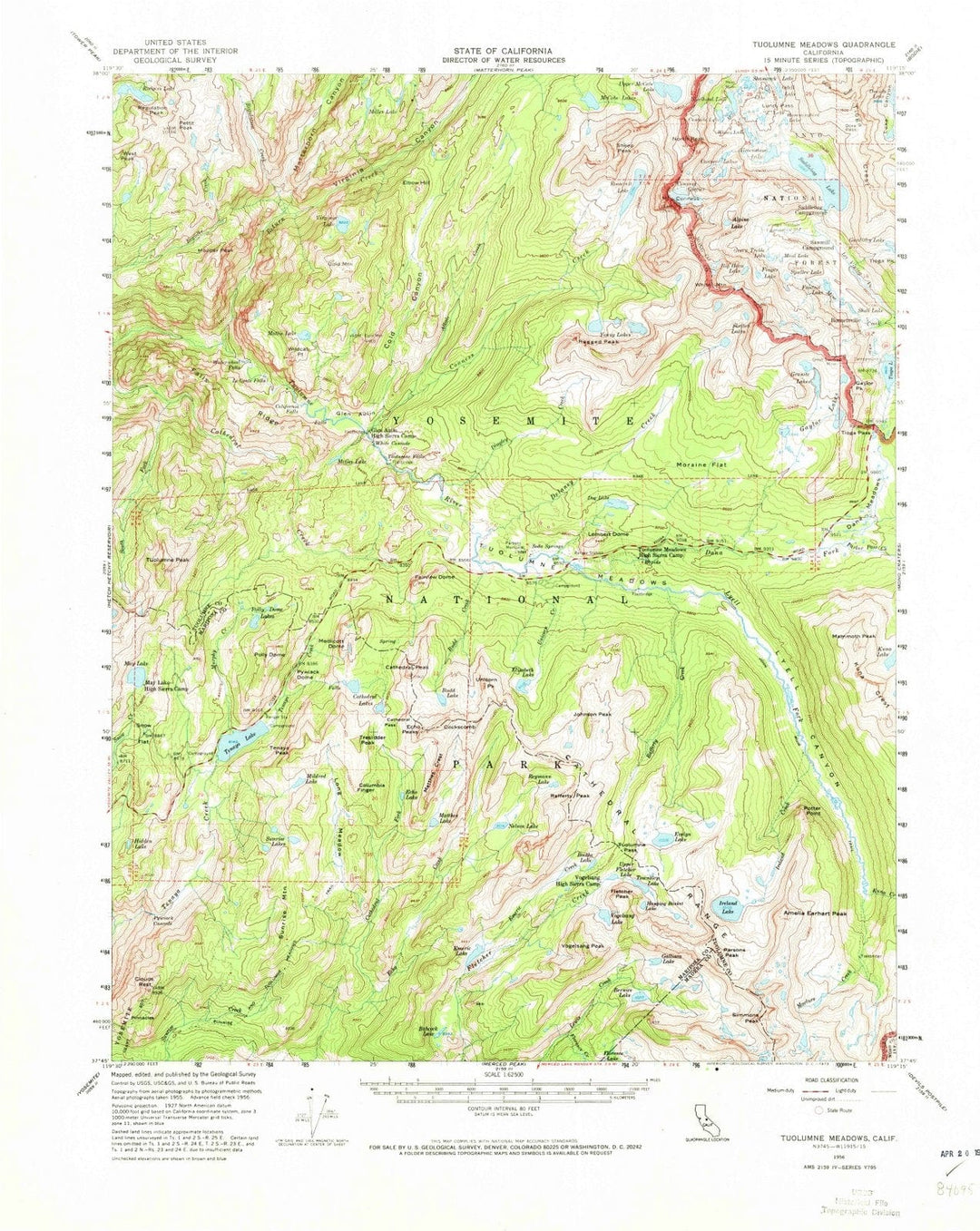 1956 Tuolumne Meadows, CA - California - USGS Topographic Map