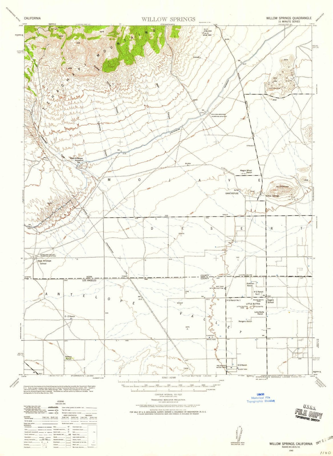 1943 Willow Springs, CA - California - USGS Topographic Map