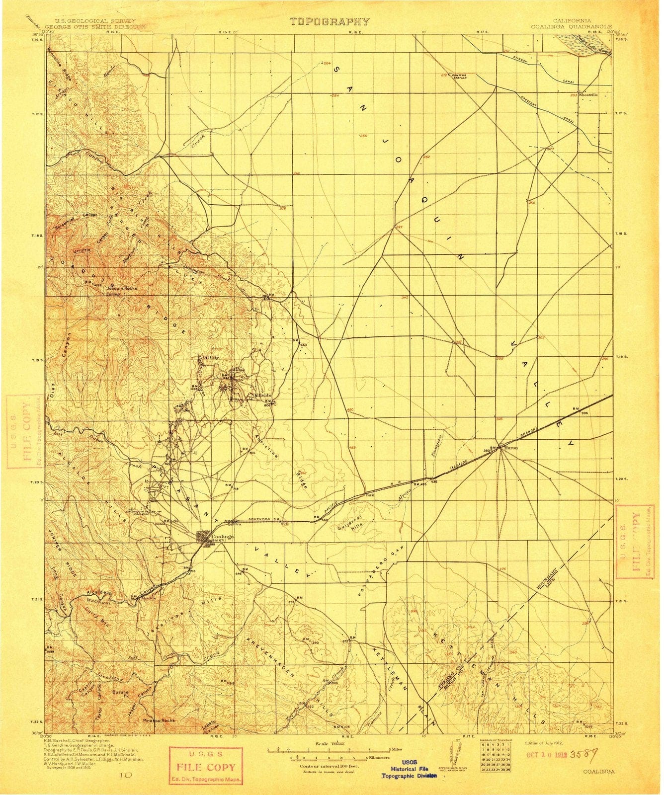 1912 Coalinga, CA - California - USGS Topographic Map