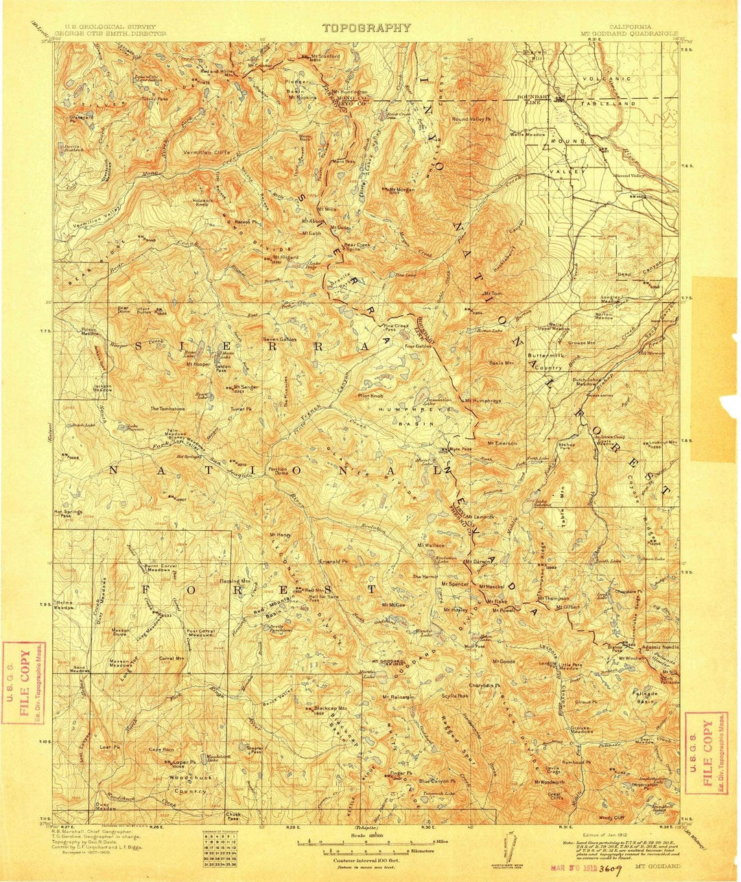 1912 Mt. Goddard, CA - California - USGS Topographic Map