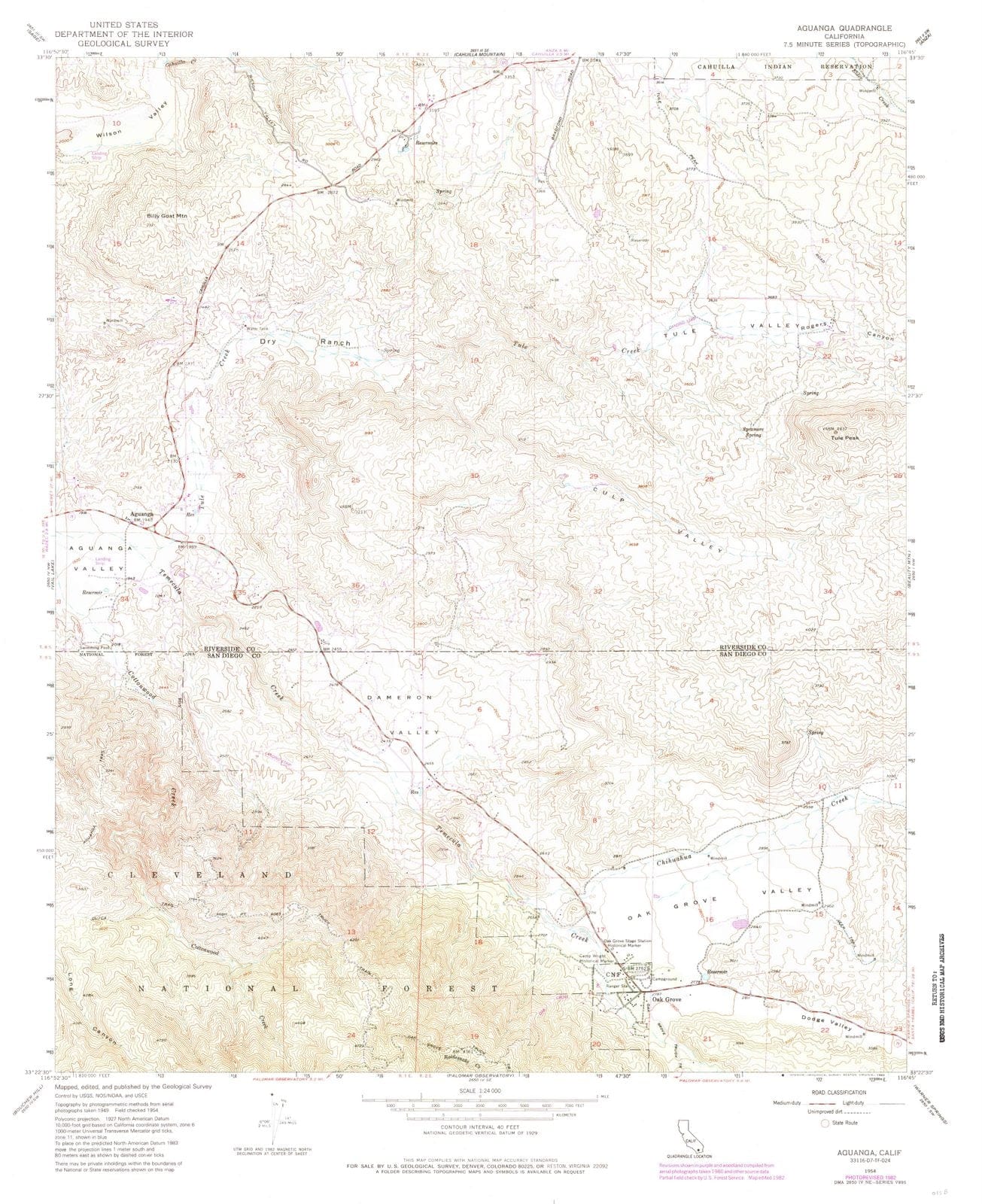 1954 Aguanga, CA - California - USGS Topographic Map