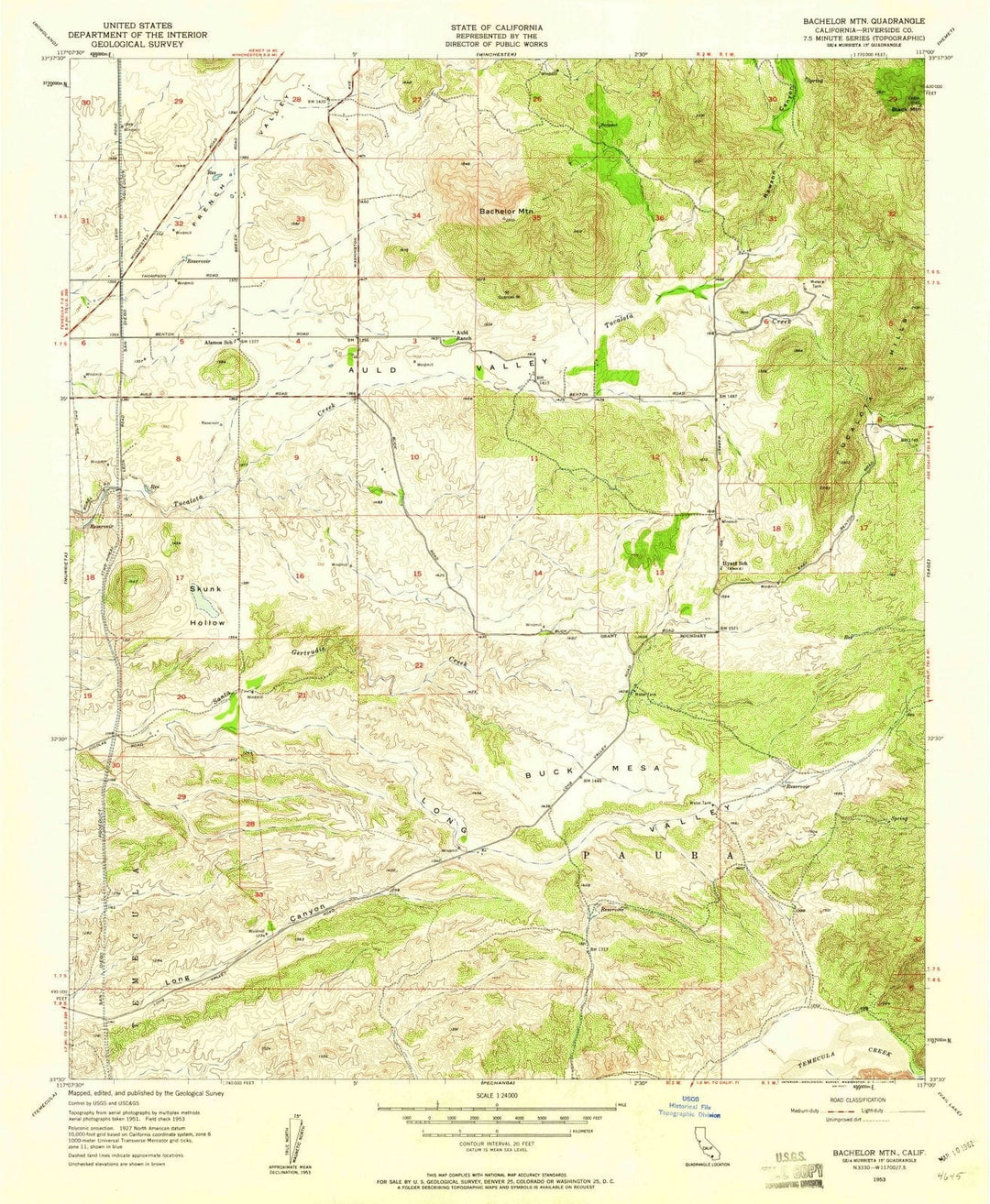 1953 Bachelor MTN, CA - California - USGS Topographic Map